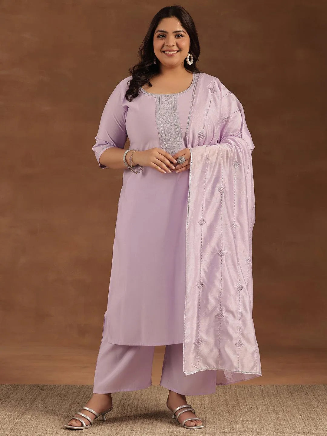 Plus Size Lavender Yoke Design Silk Blend Straight Suit With Dupatta - Libas 
