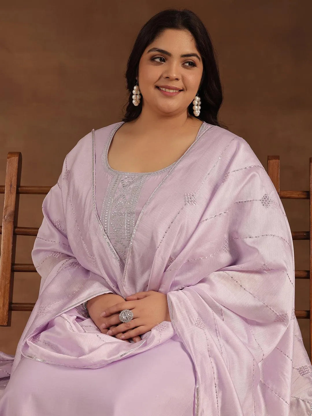 Plus Size Lavender Yoke Design Silk Blend Straight Suit With Dupatta - Libas 