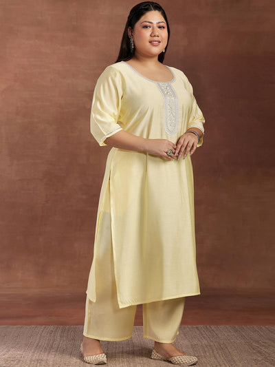 Plus Size Yellow Yoke Design Silk Blend Straight Suit With Dupatta - Libas