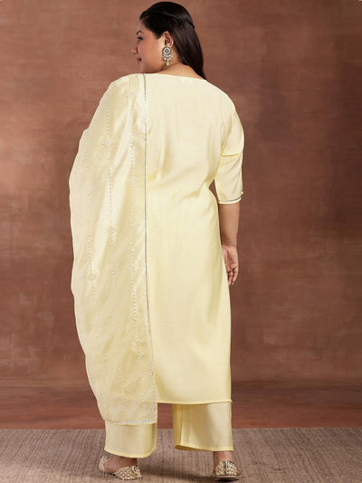 Plus Size Yellow Yoke Design Silk Blend Straight Suit With Dupatta - Libas
