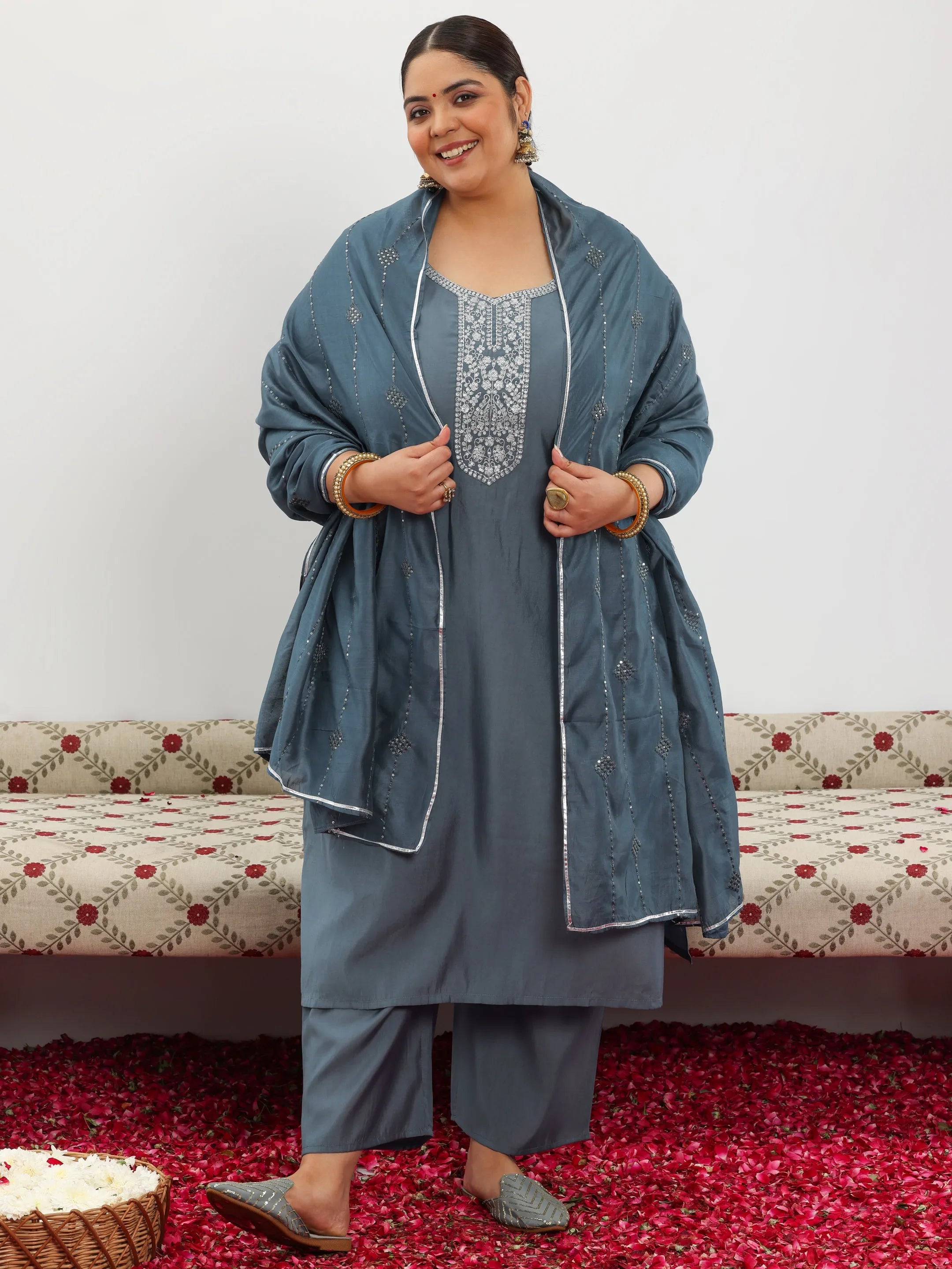 Plus Size Mustard Yoke Design Silk Blend Straight Suit Set With Dupatta
