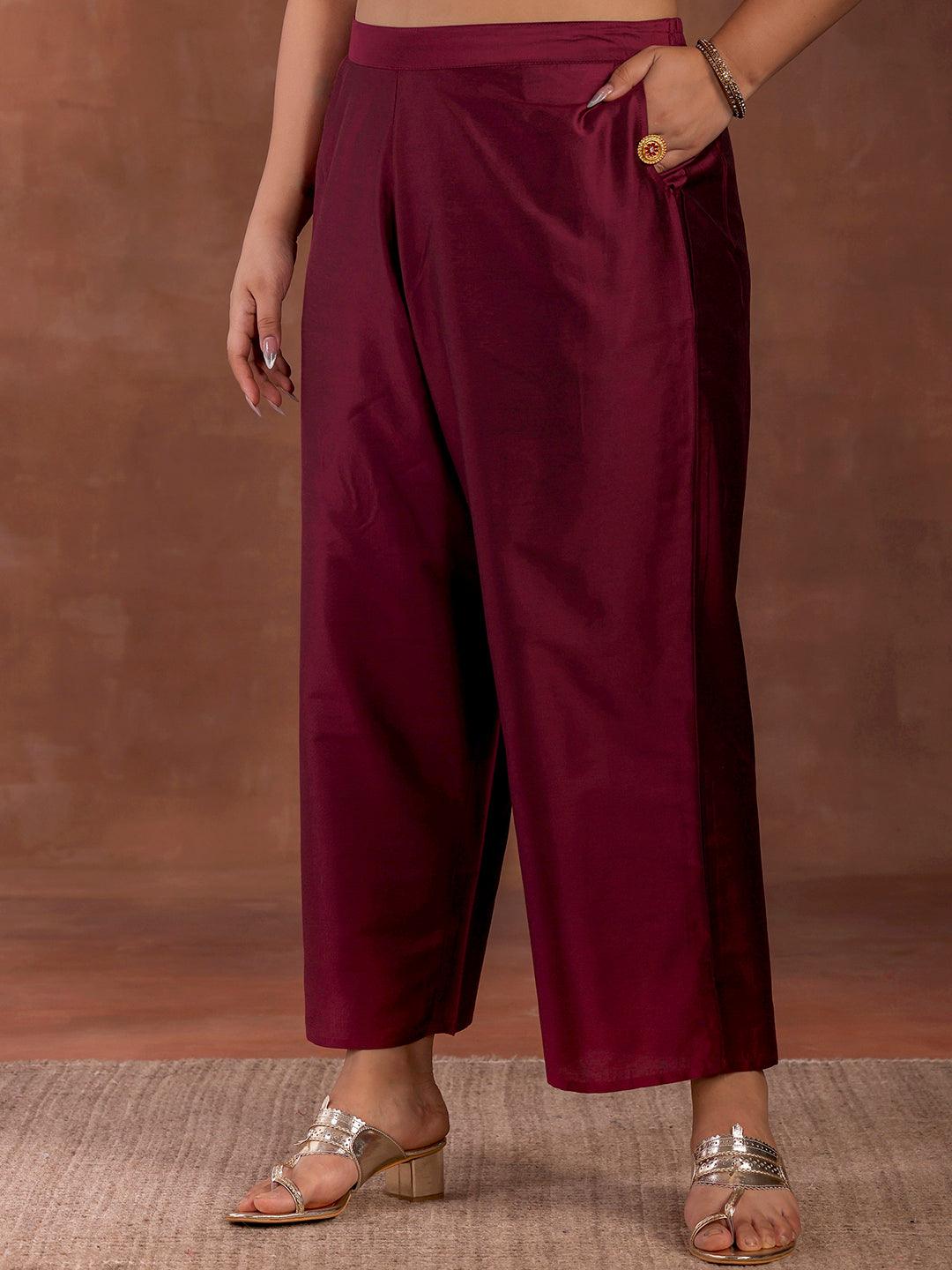Plus Size Burgundy Yoke Design Silk Blend Straight Suit With Dupatta - Libas