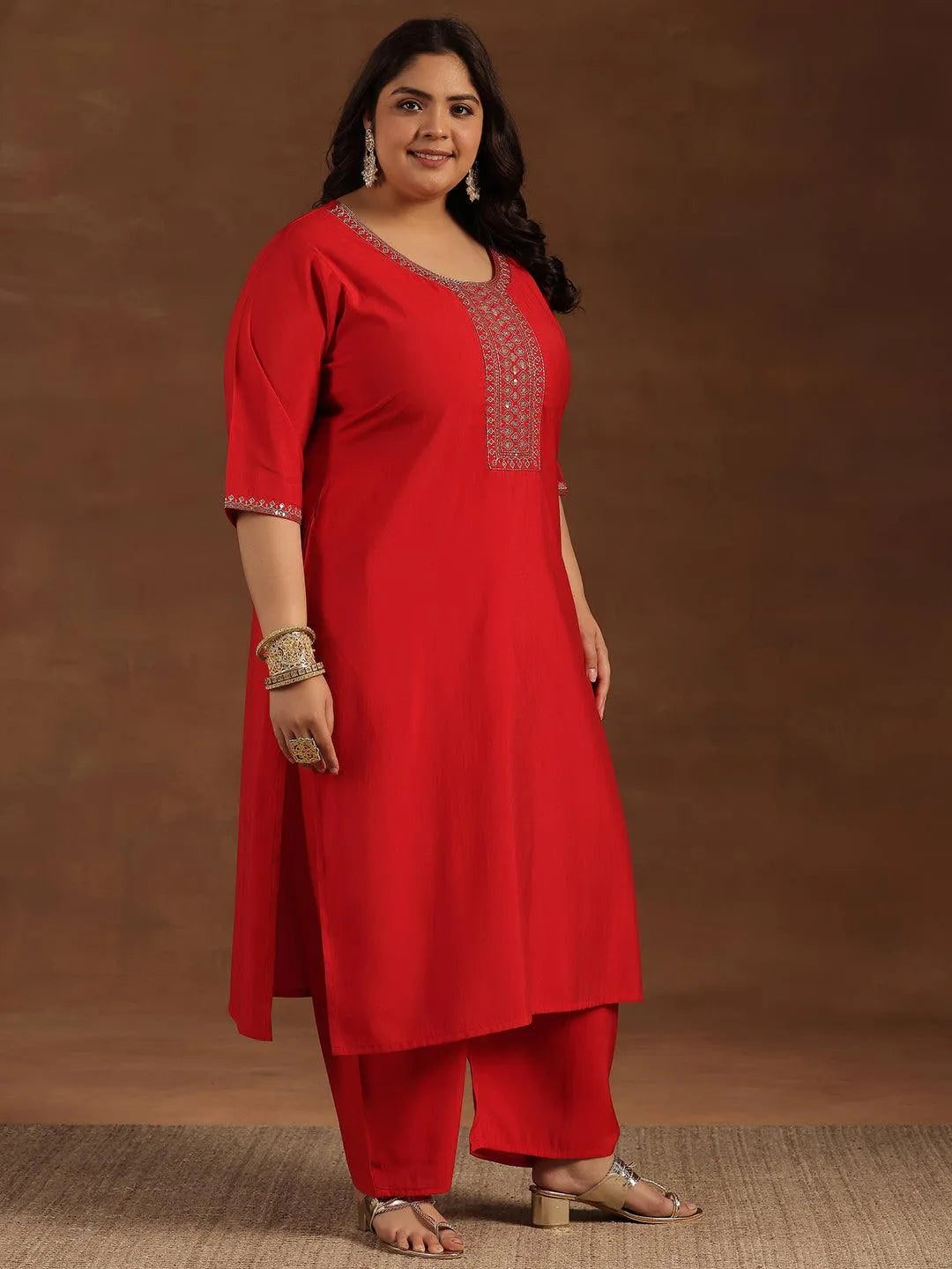 Plus Size Red Yoke Design Silk Blend Straight Suit With Dupatta - Libas 