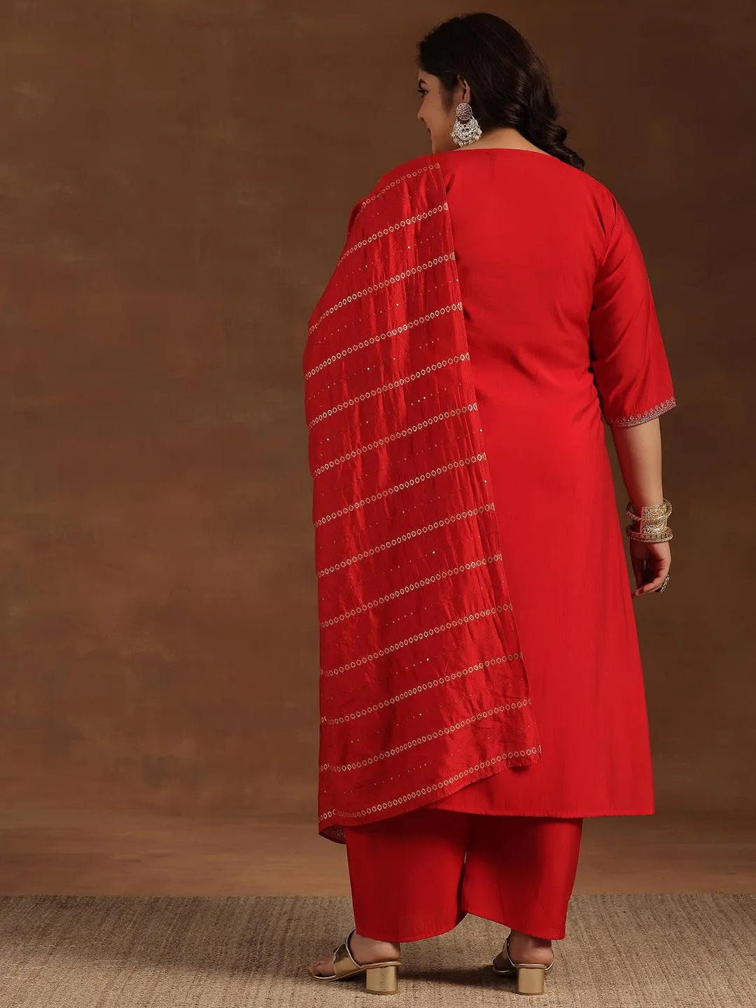 Plus Size Red Yoke Design Silk Blend Straight Suit With Dupatta - Libas 