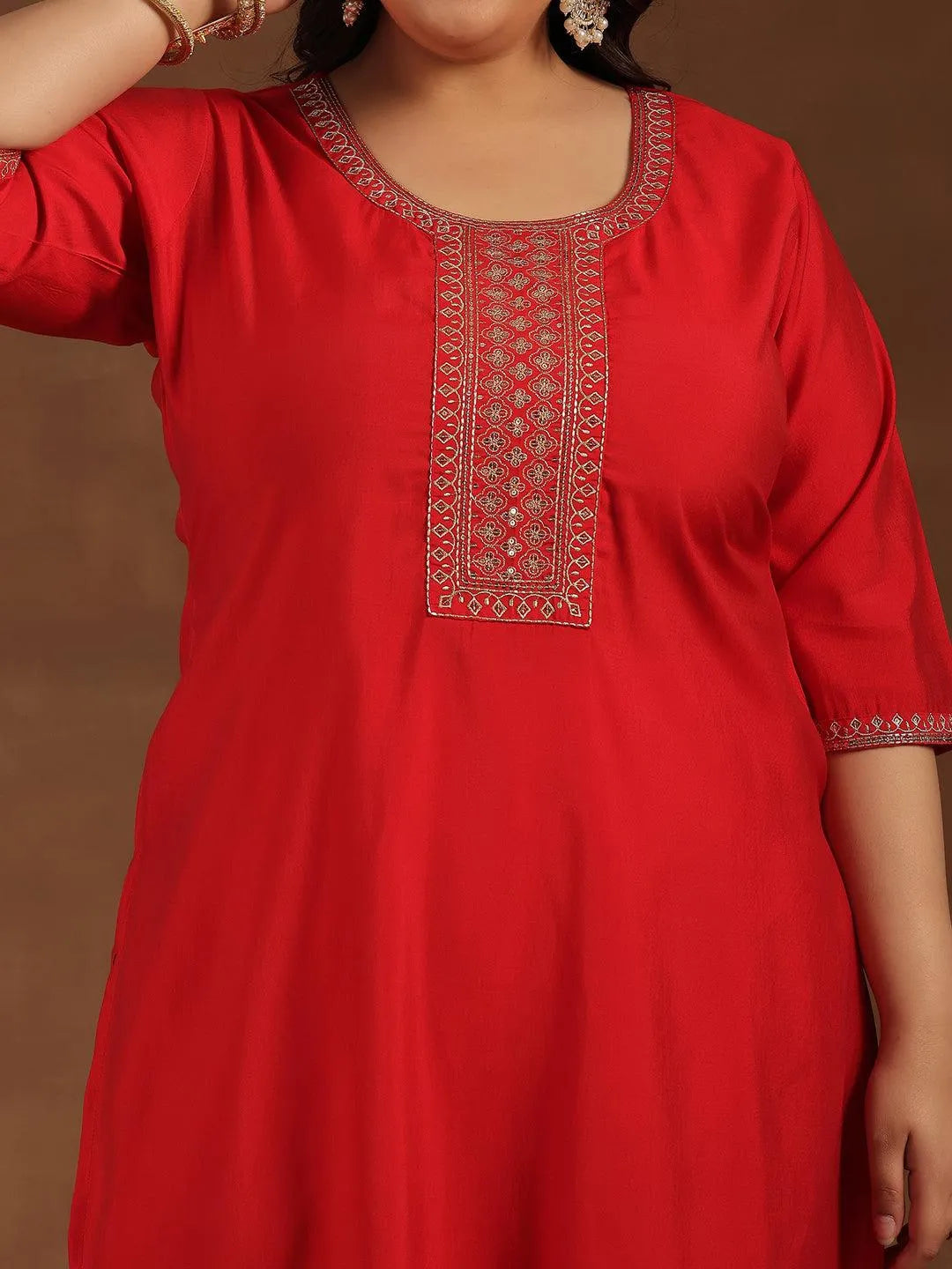 Plus Size Red Yoke Design Silk Blend Straight Suit With Dupatta - Libas 