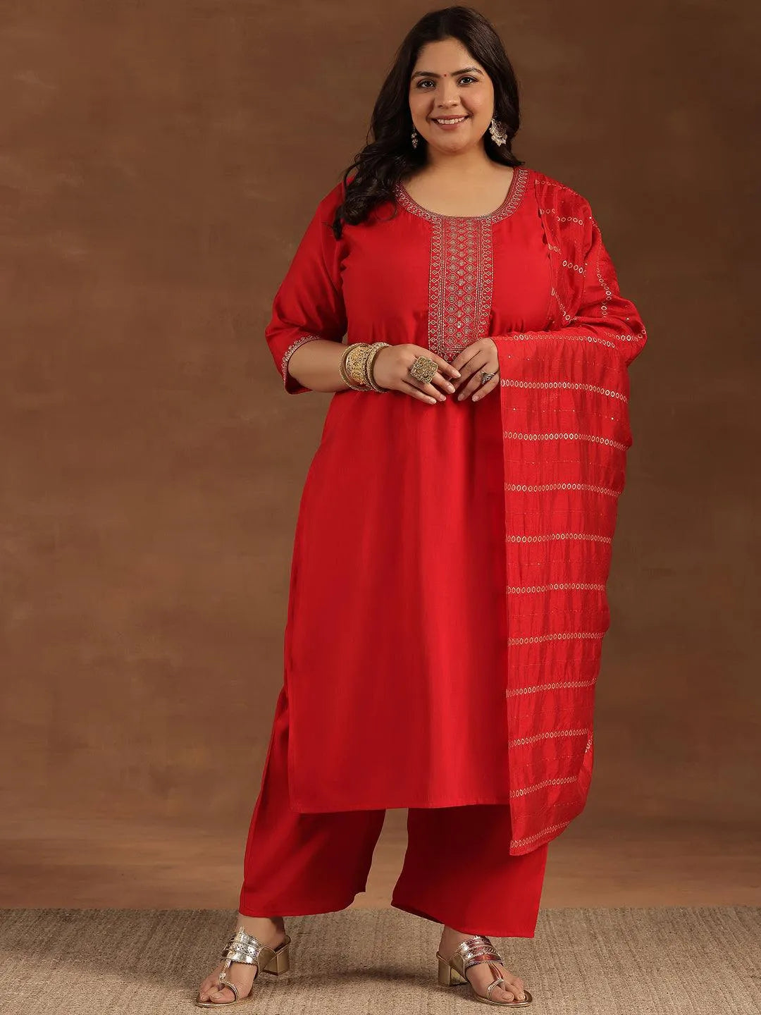 Plus Size Red Yoke Design Silk Blend Straight Suit With Dupatta - Libas 