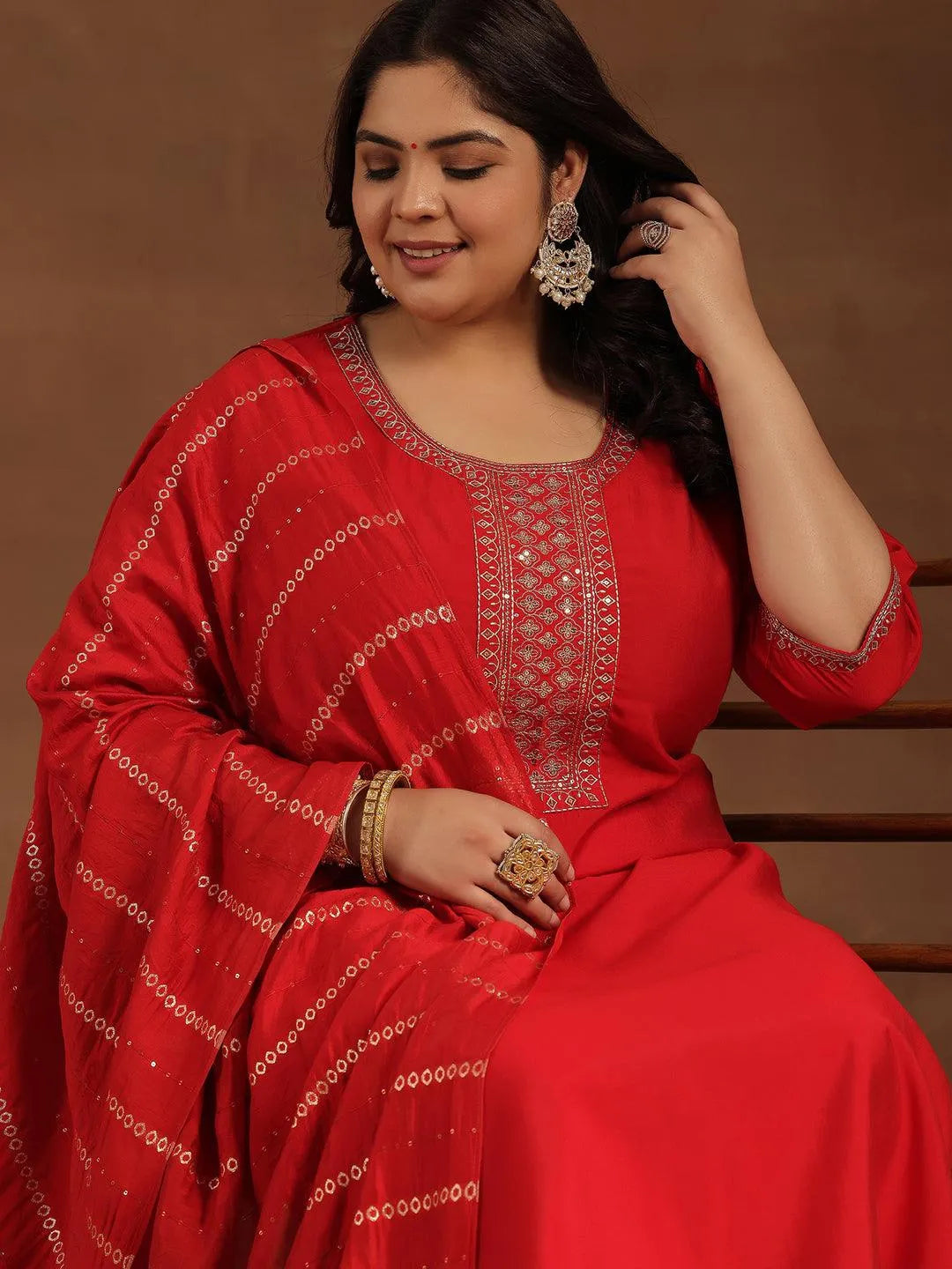 Plus Size Red Yoke Design Silk Blend Straight Suit With Dupatta - Libas 