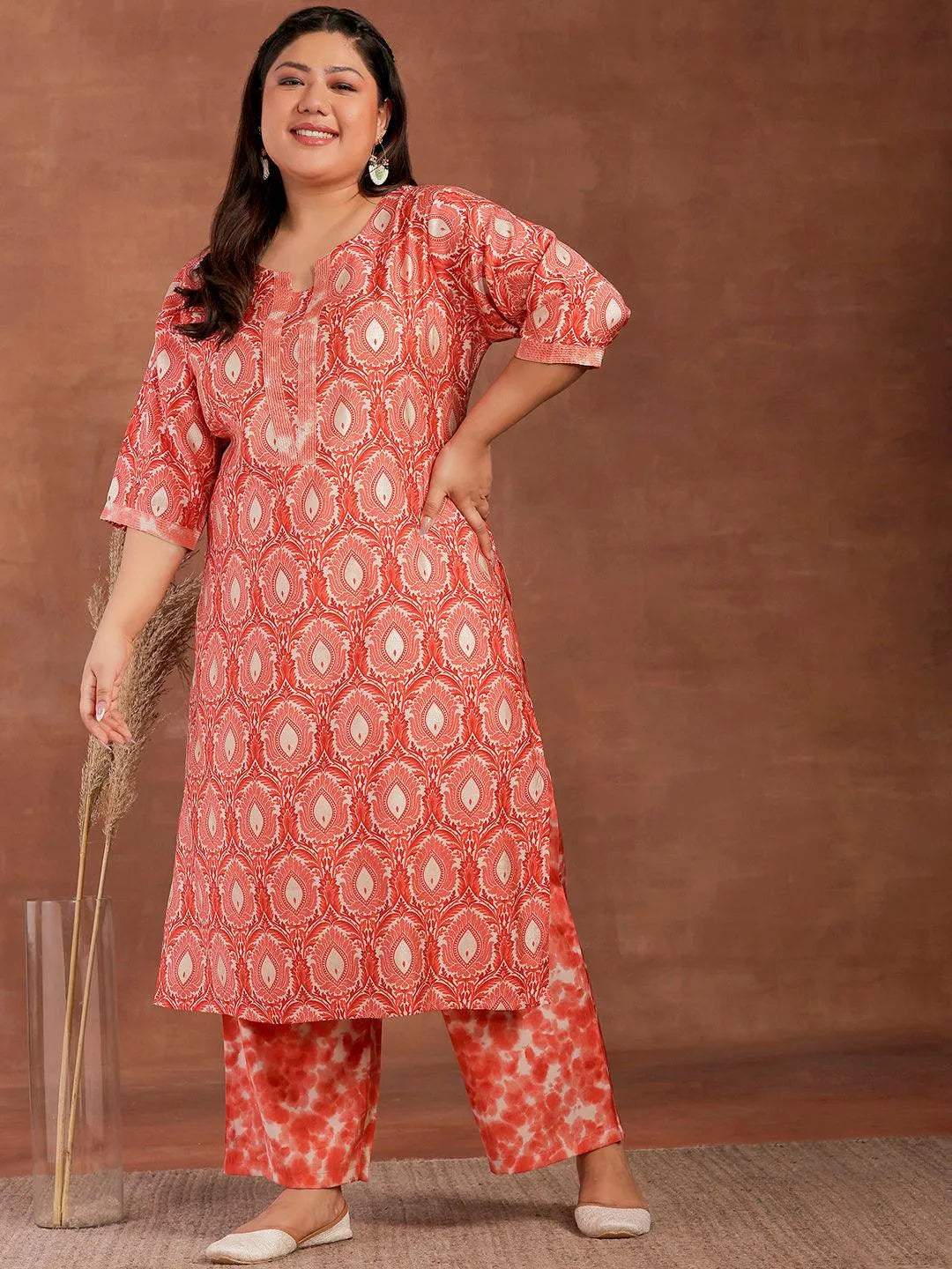 Plus Size Peach Printed Silk Blend Straight Kurta With Palazzos - Libas