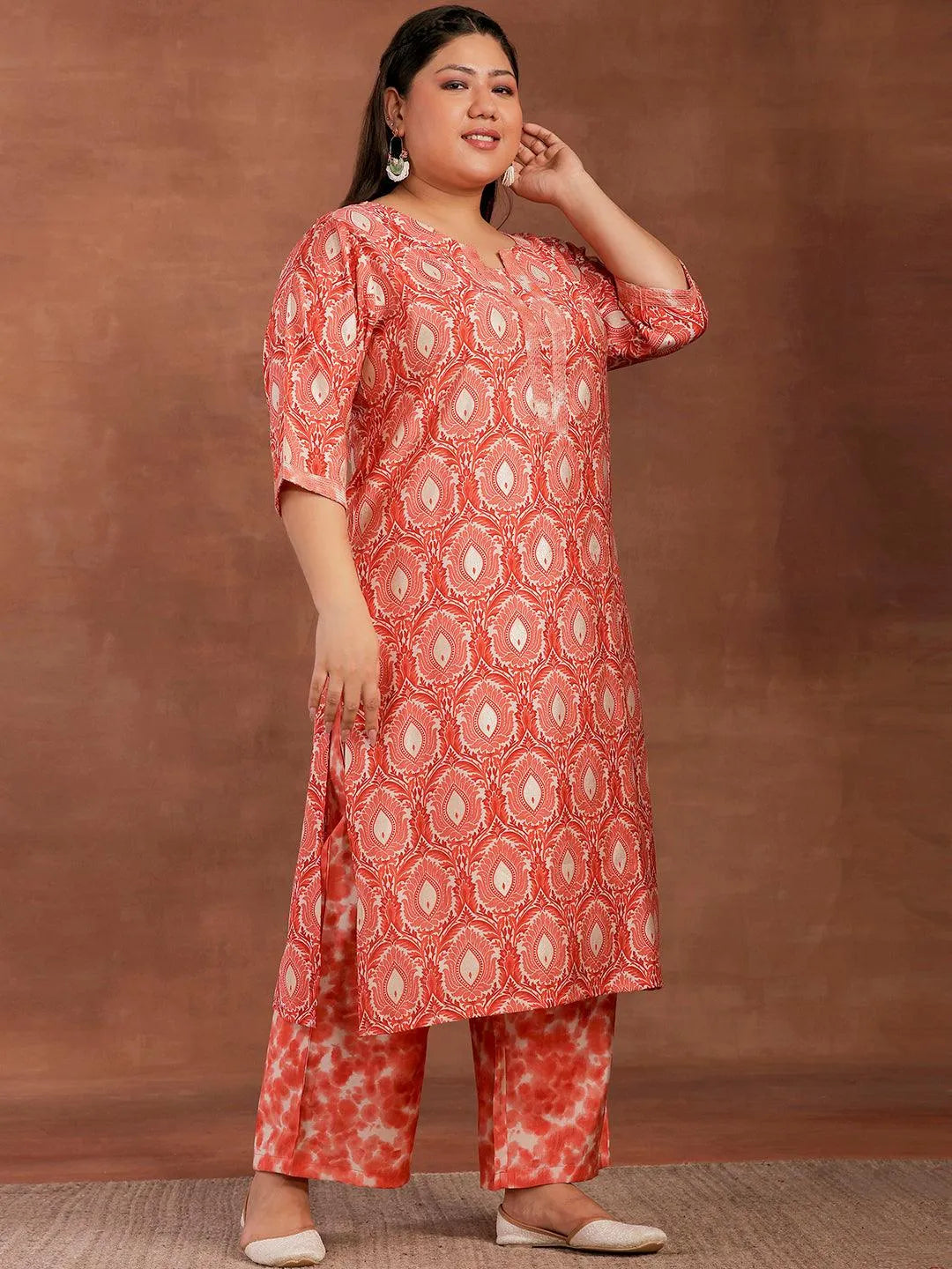 Plus Size Peach Printed Silk Blend Straight Kurta With Palazzos - Libas 