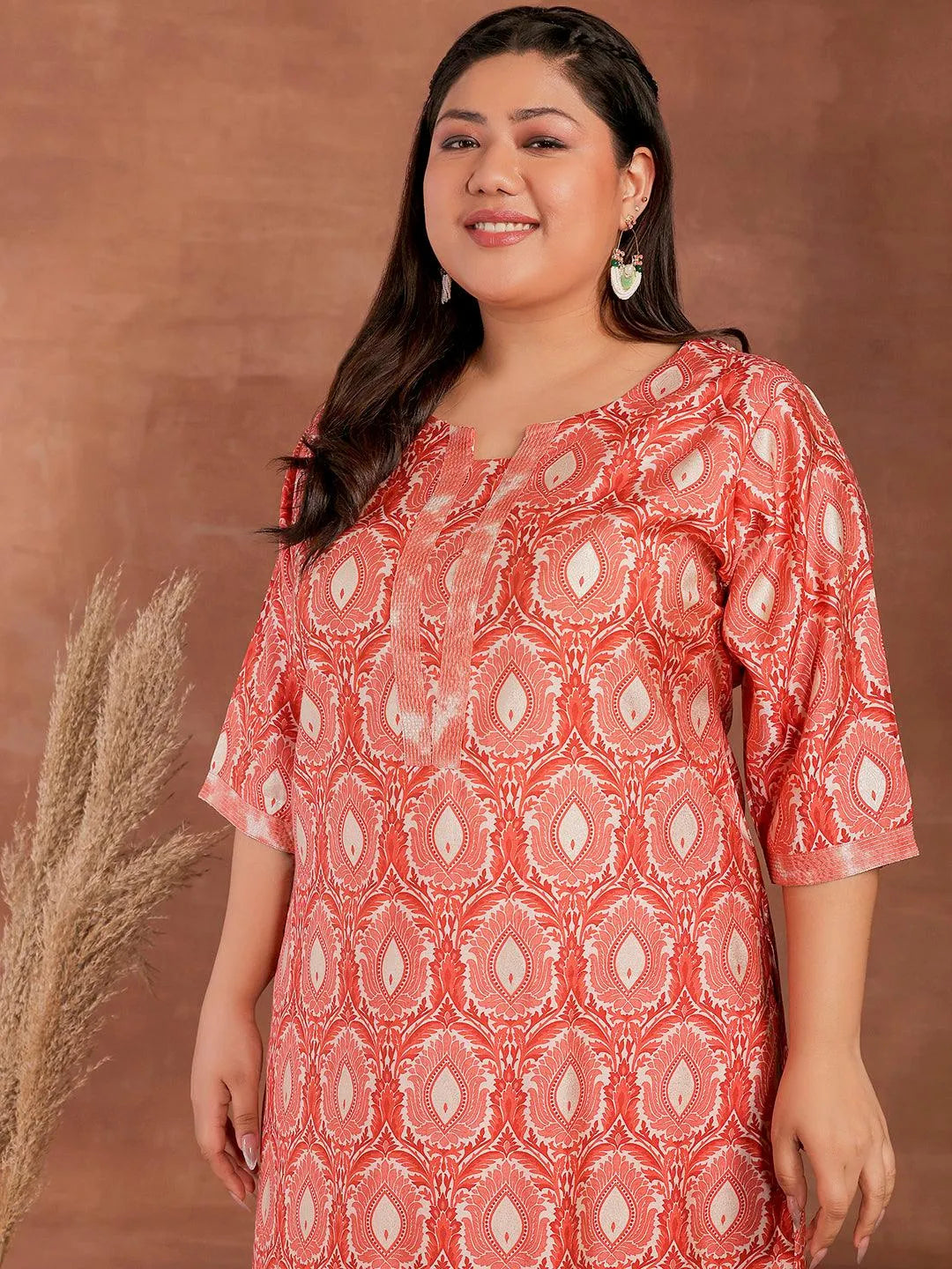 Plus Size Peach Printed Silk Blend Straight Kurta With Palazzos - Libas 