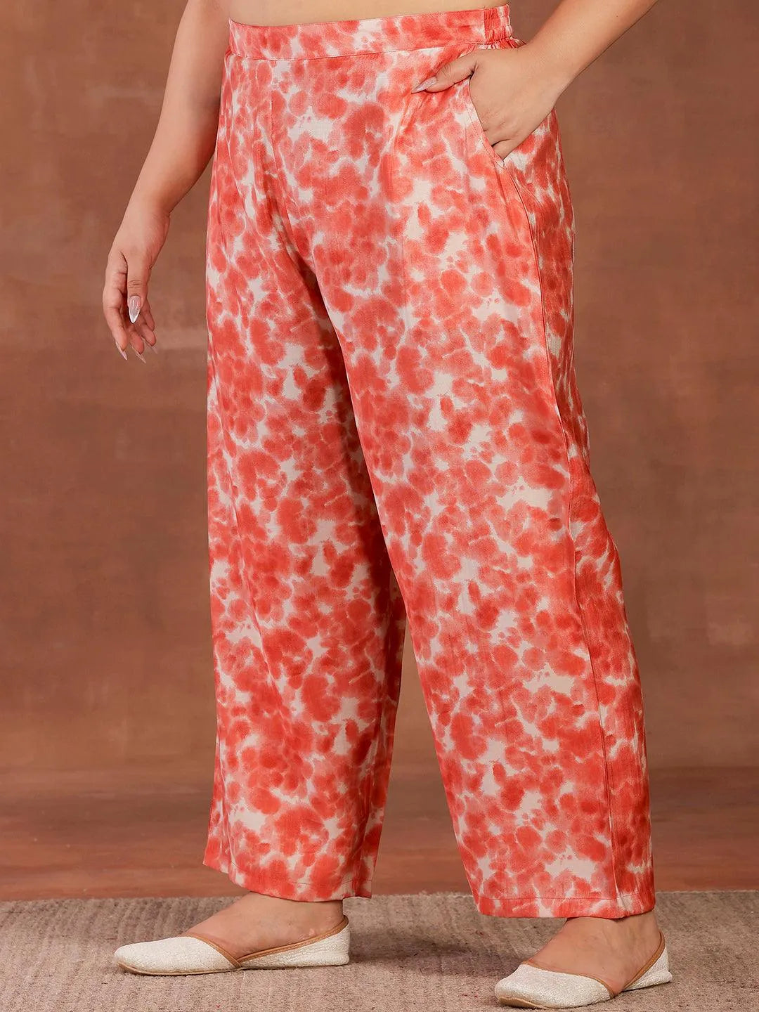 Plus Size Peach Printed Silk Blend Straight Kurta With Palazzos - Libas 