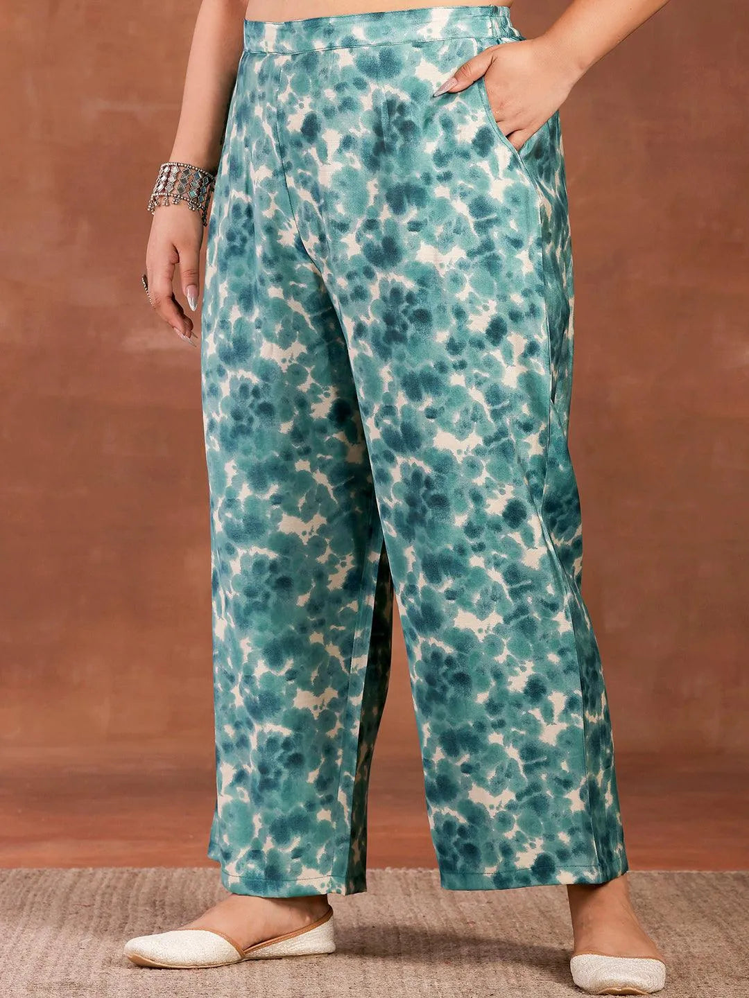 Plus Size Blue Printed Silk Blend Straight Kurta With Palazzos - Libas 