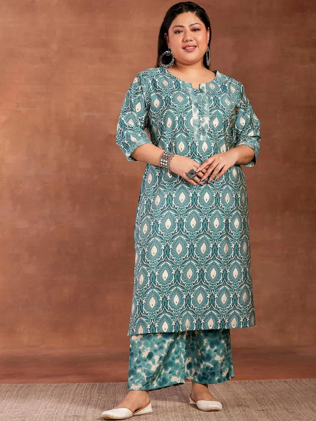 Plus Size Blue Printed Silk Blend Straight Kurta With Palazzos - Libas 