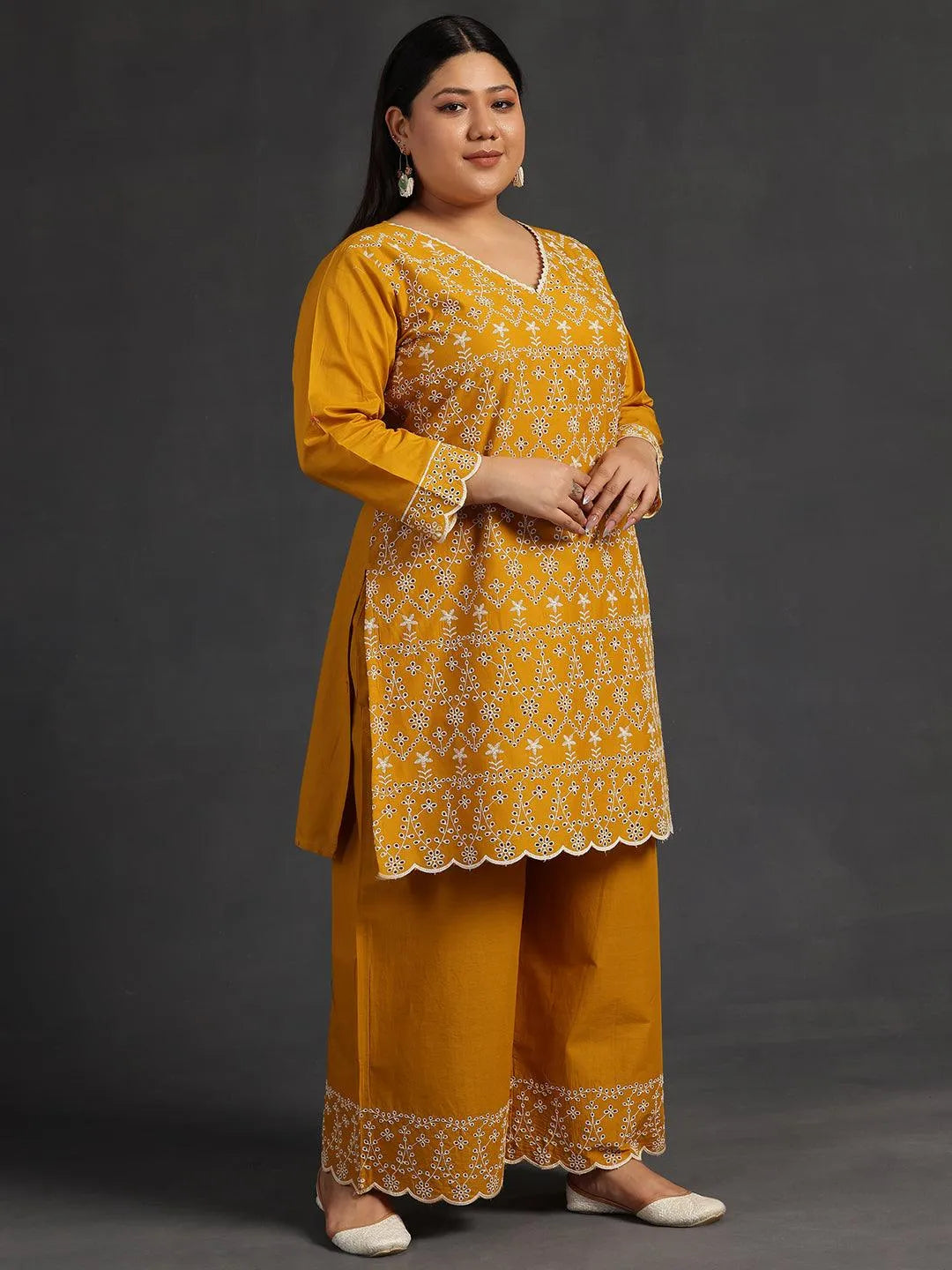 Plus Size Mustard Embroidered Cotton Co-Ords - Libas 