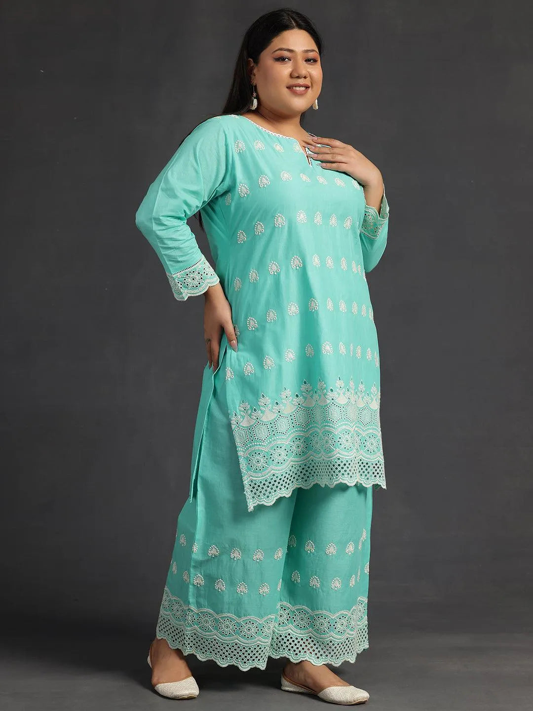 Plus Size Green Embroidered Cotton Co-Ords - Libas 