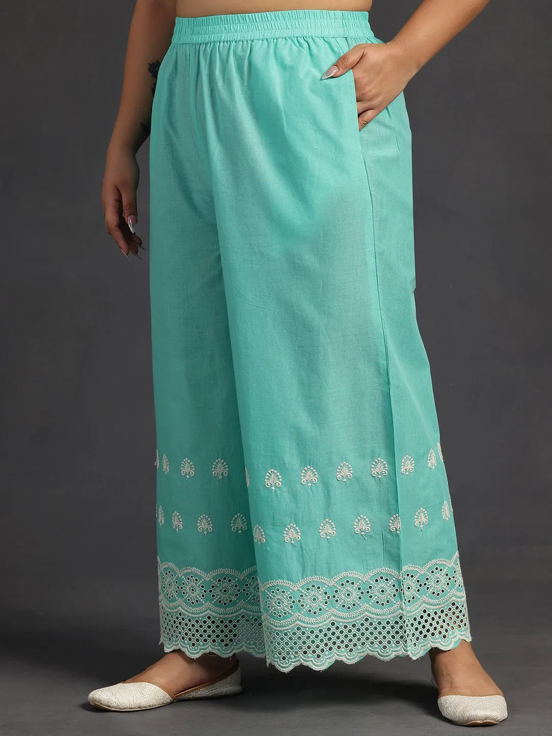 Plus Size Green Embroidered Cotton Co-Ords - Libas 