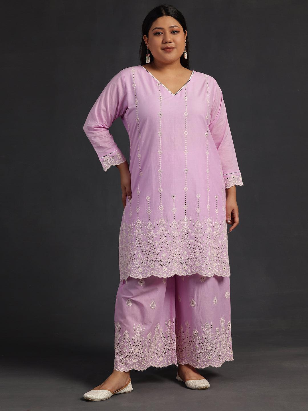 Plus Size Lavender Embroidered Cotton Co-Ords