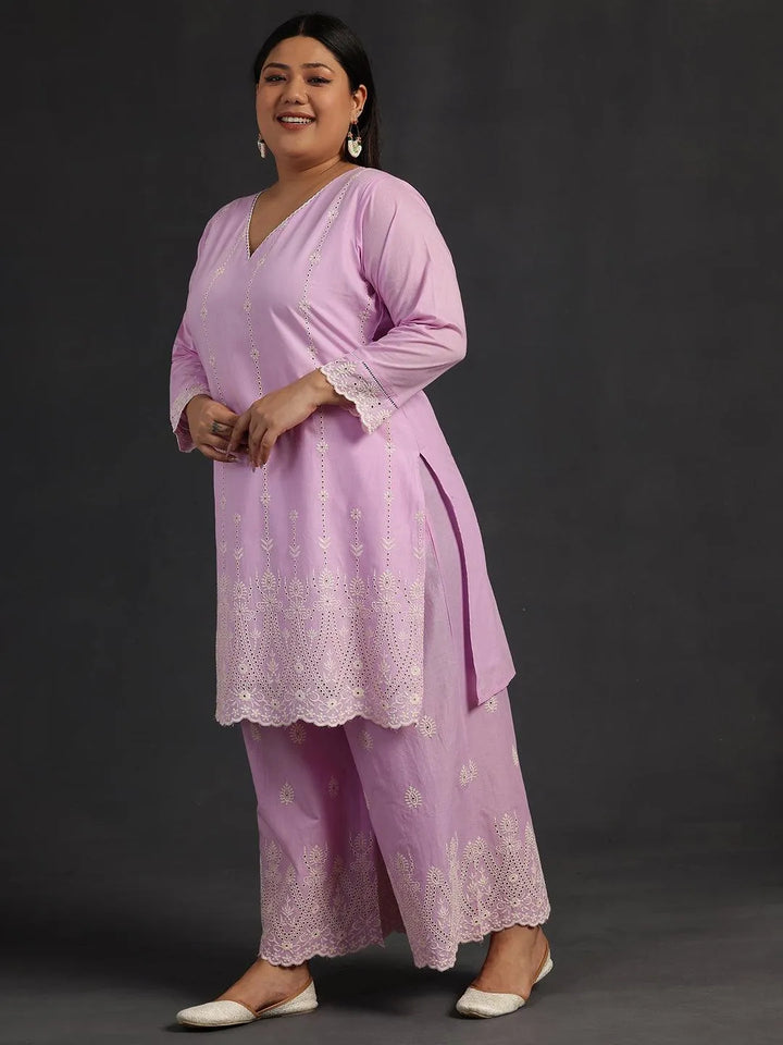 Plus Size Lavender Embroidered Cotton Co-Ords - Libas