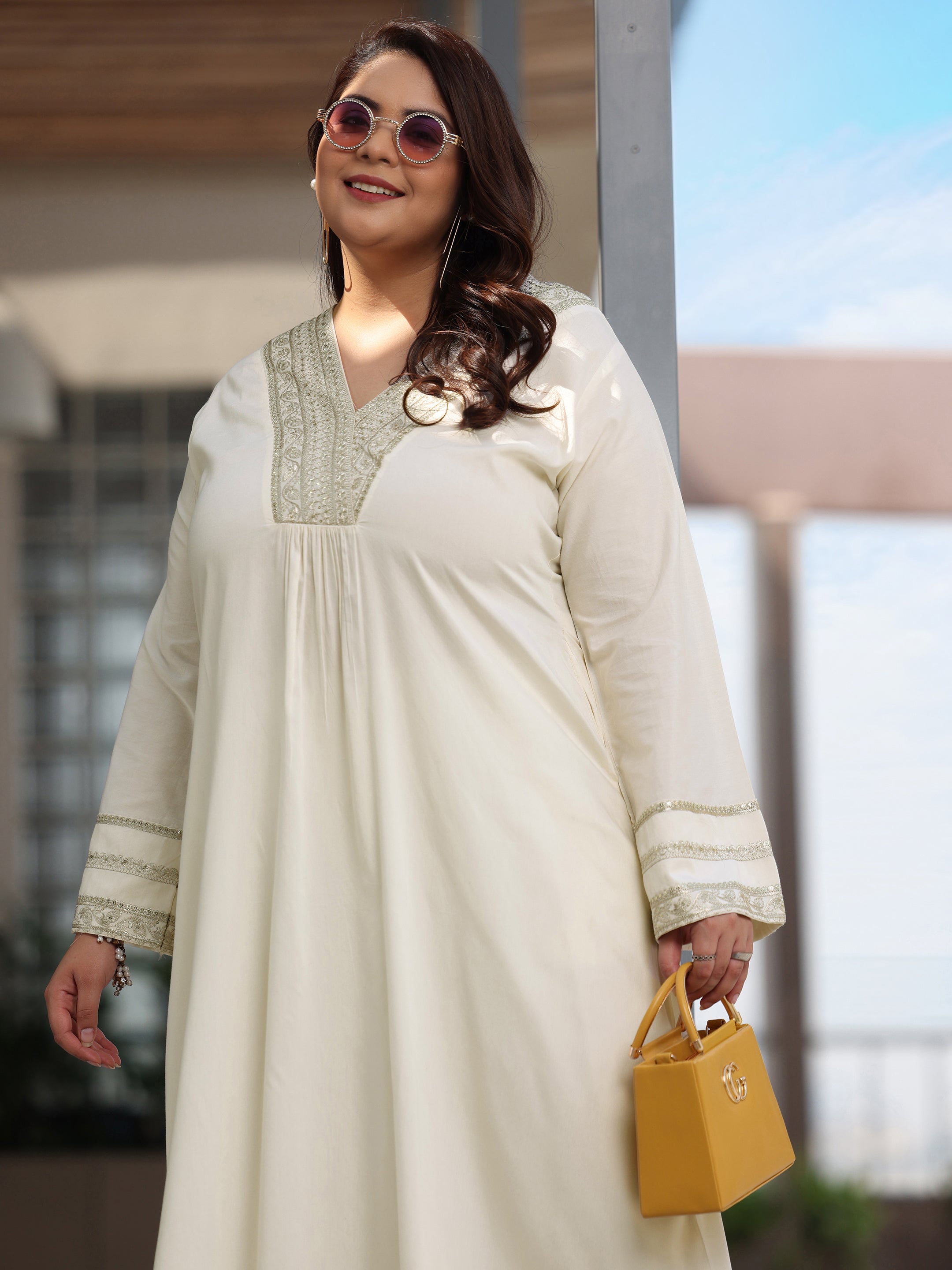 libas Plus Size Off White Yoke Design Silk Blend A-Line Kurta With Trousers-picture-42