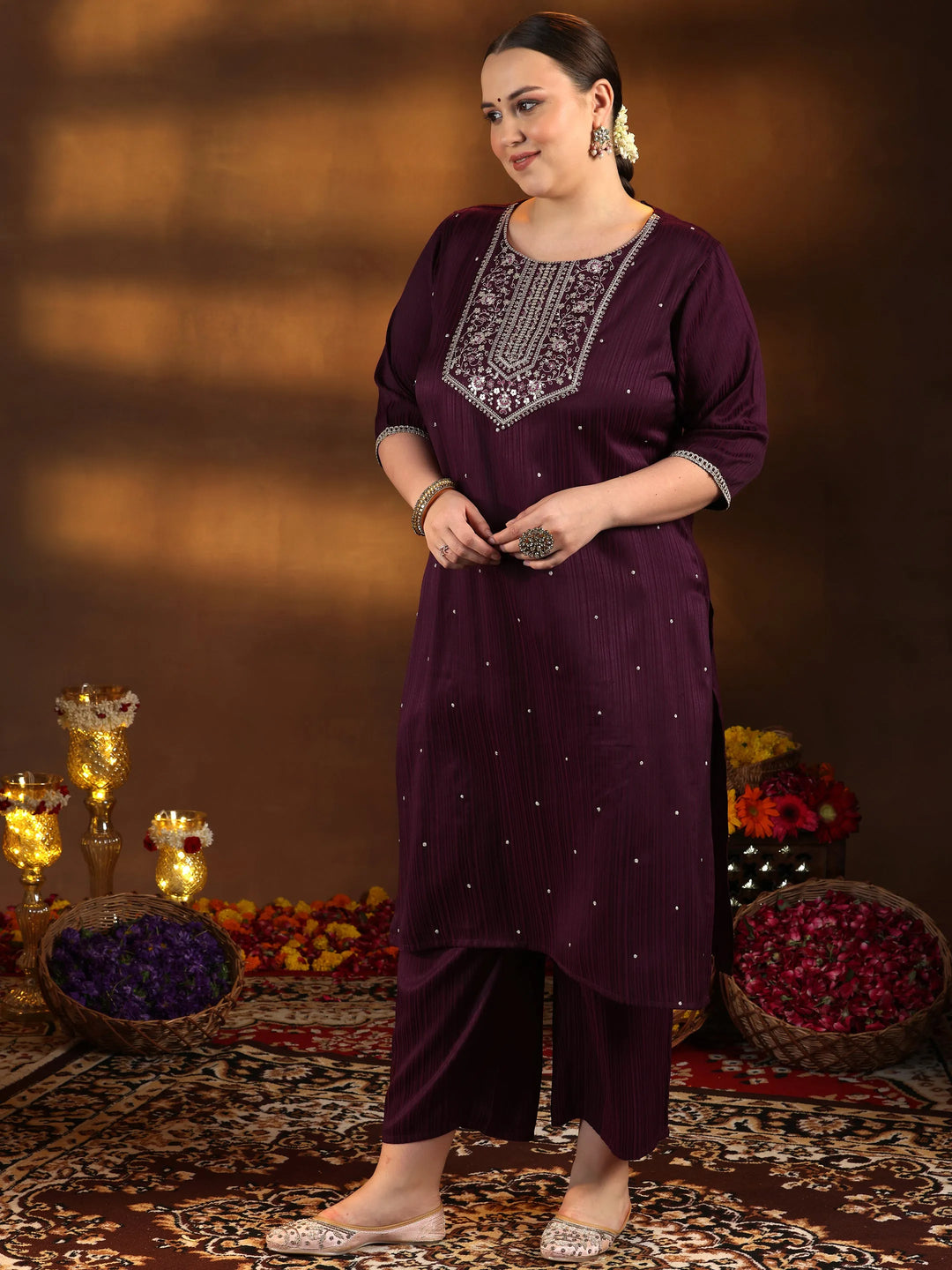  Plus Size Maroon Embroidered Silk Blend Straight Kurta Set 