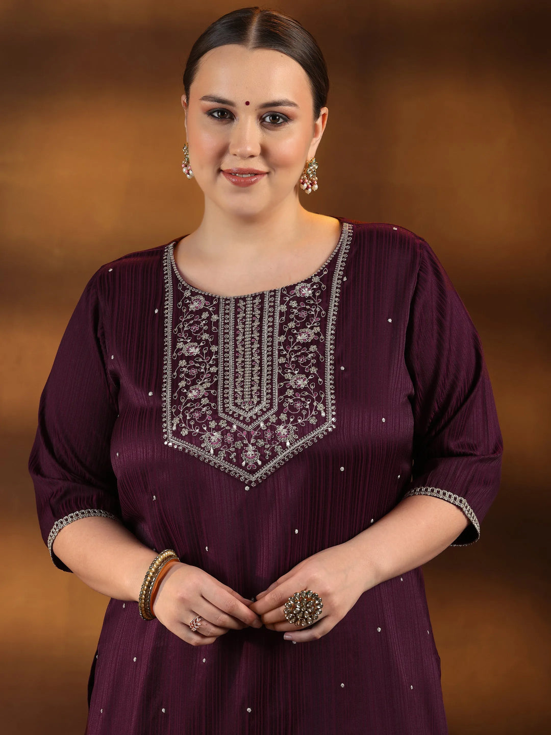  Plus Size Maroon Embroidered Silk Blend Straight Kurta Set 