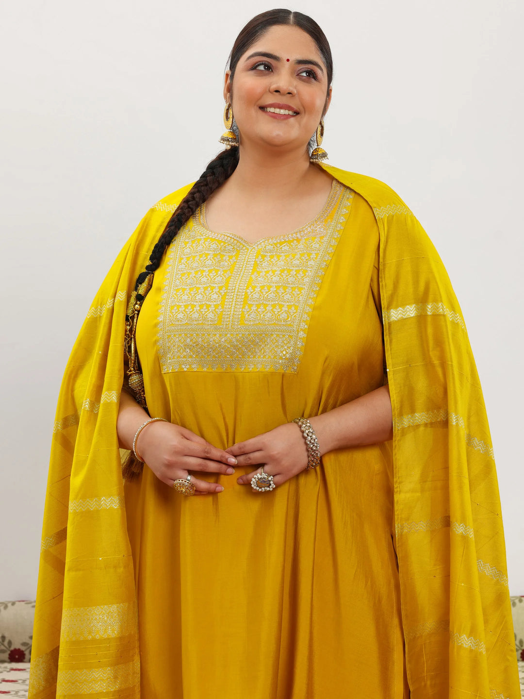  Plus Size Yellow Yoke Design Silk Blend Straight Suit With Dupatta 