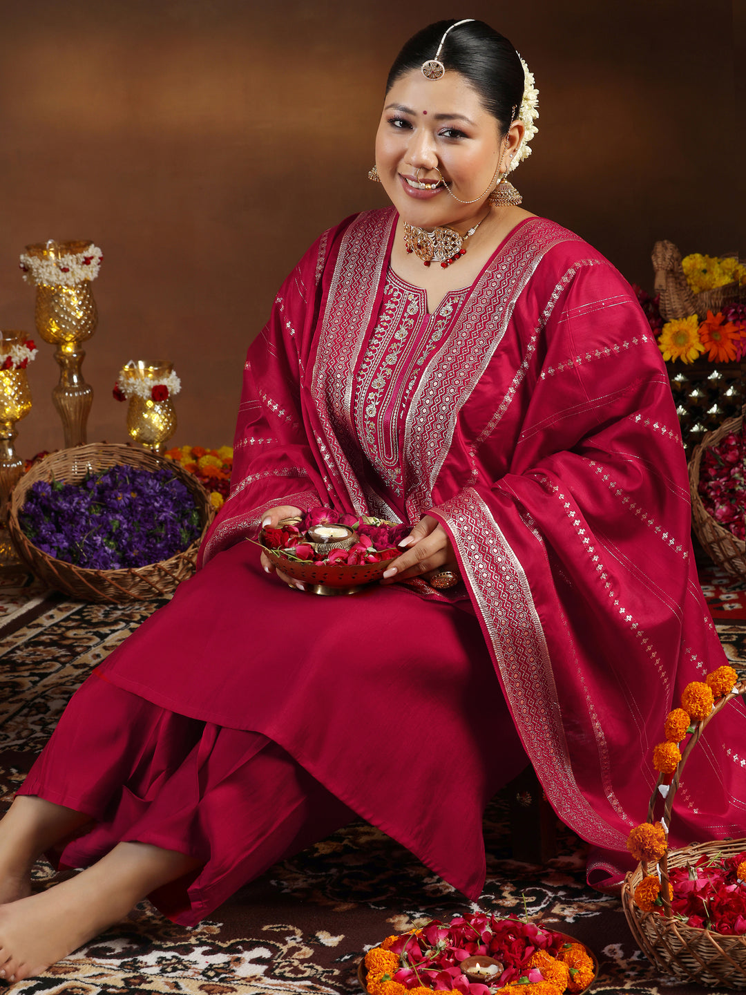 Plus Size Red Yoke Design Silk Blend Straight Suit With Dupatta