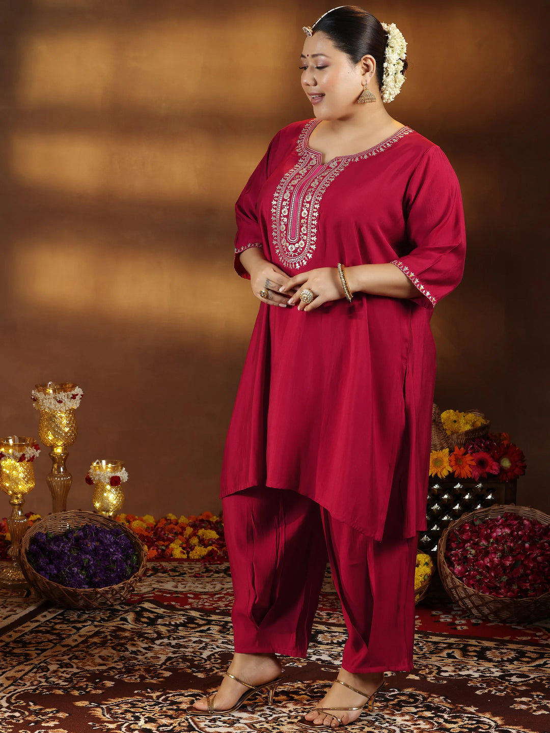  Plus Size Red Yoke Design Silk Blend Straight Suit With Dupatta 