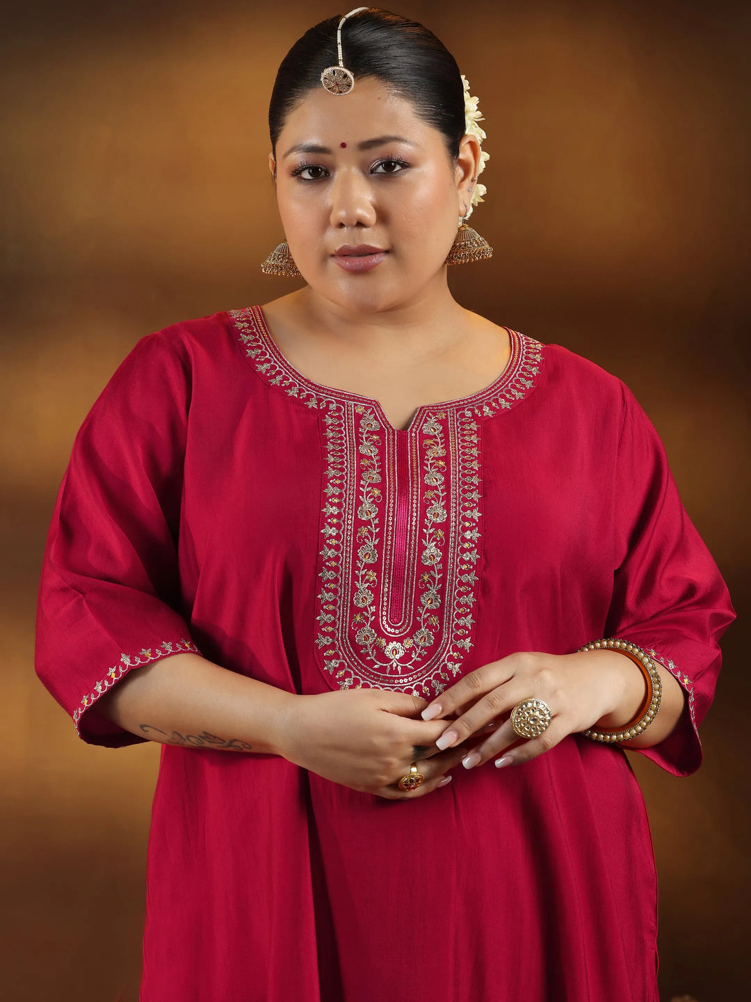  Plus Size Red Yoke Design Silk Blend Straight Suit With Dupatta 