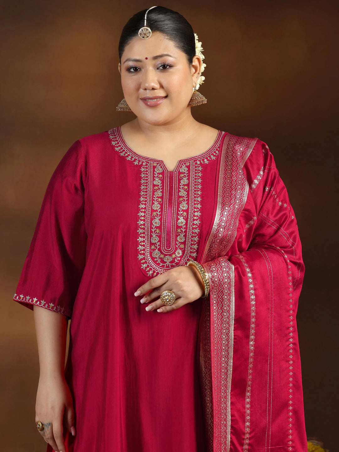  Plus Size Red Yoke Design Silk Blend Straight Suit With Dupatta 