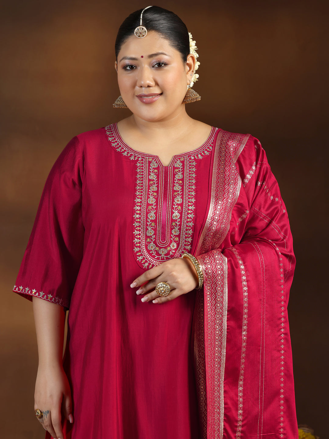  Plus Size Red Yoke Design Silk Blend Straight Suit With Dupatta 