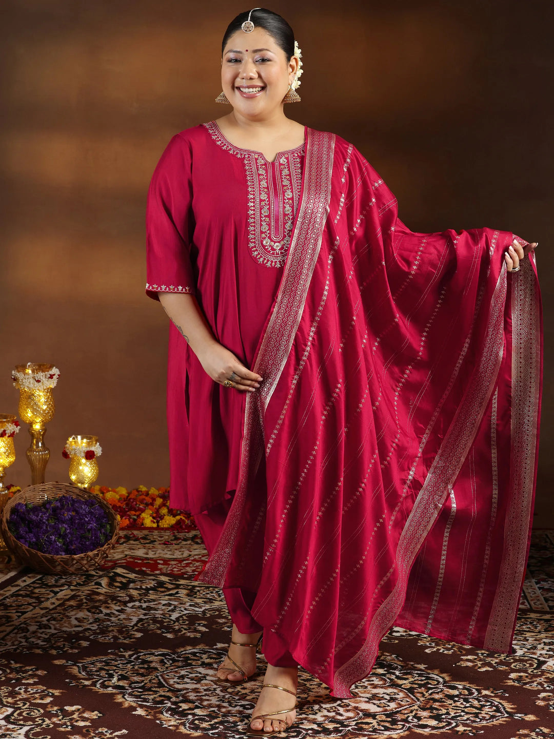  Plus Size Red Yoke Design Silk Blend Straight Suit With Dupatta 