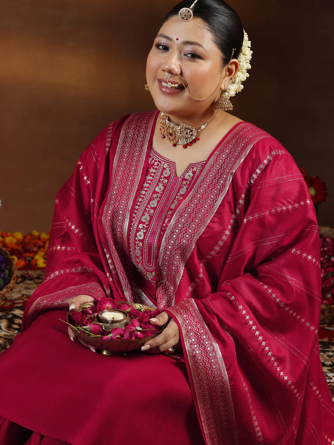  Plus Size Red Yoke Design Silk Blend Straight Suit With Dupatta 