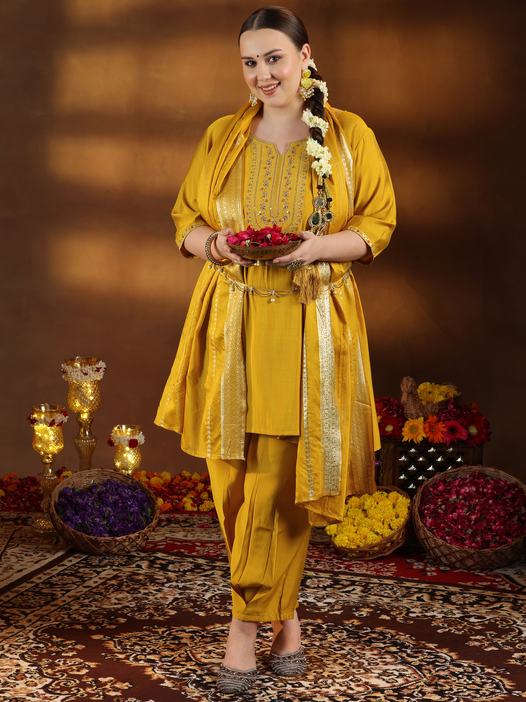 libas Plus Size Yellow Yoke Design Silk Blend Straight Suit With Dupatta-picture-42