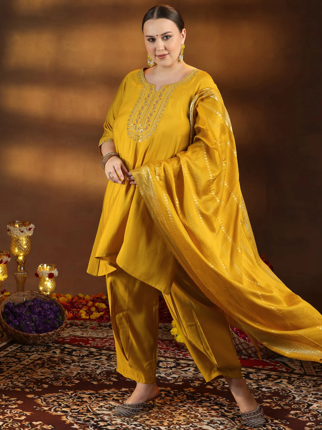  Plus Size Yellow Yoke Design Silk Blend Straight Suit With Dupatta 