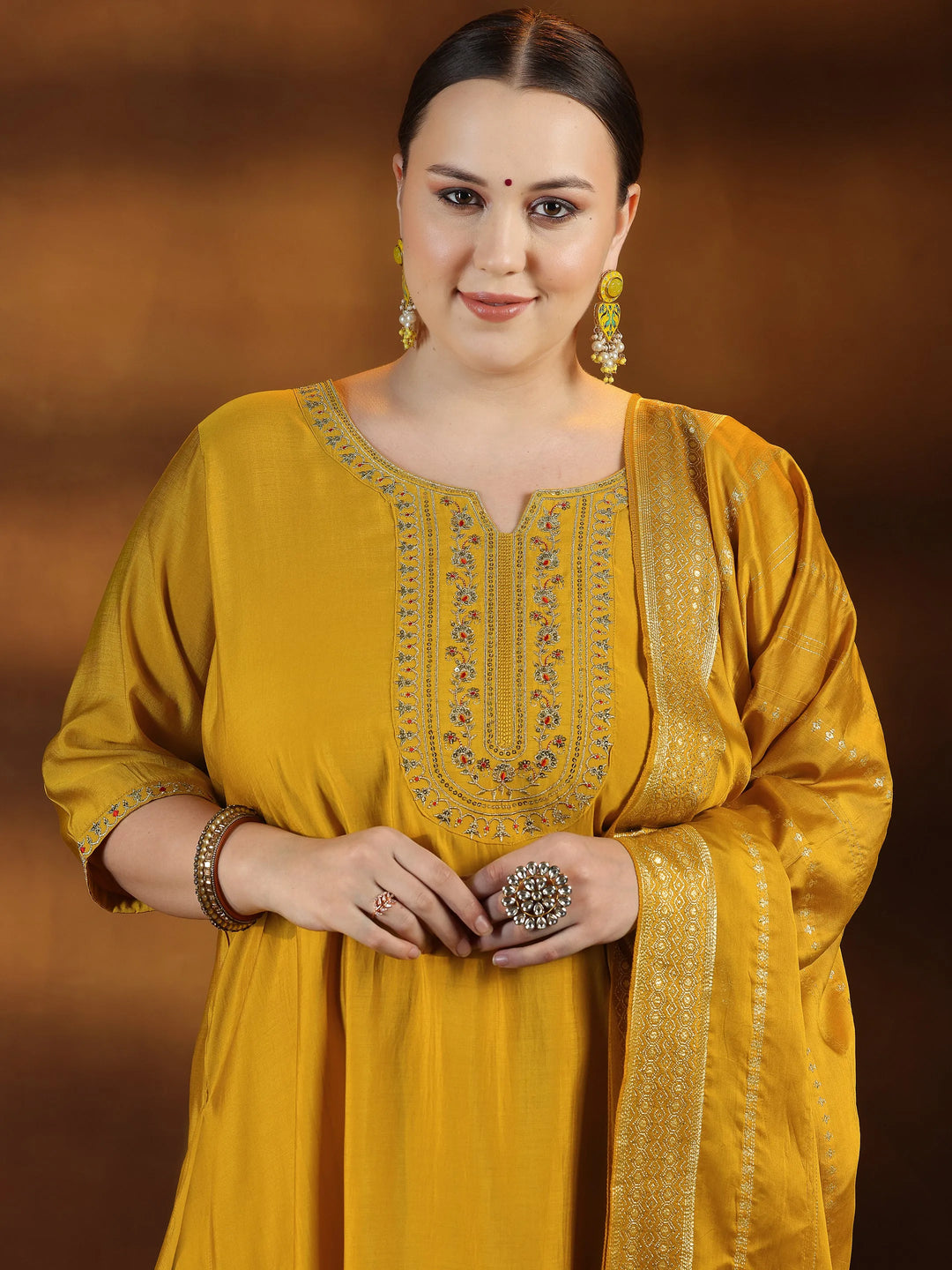  Plus Size Yellow Yoke Design Silk Blend Straight Suit With Dupatta 