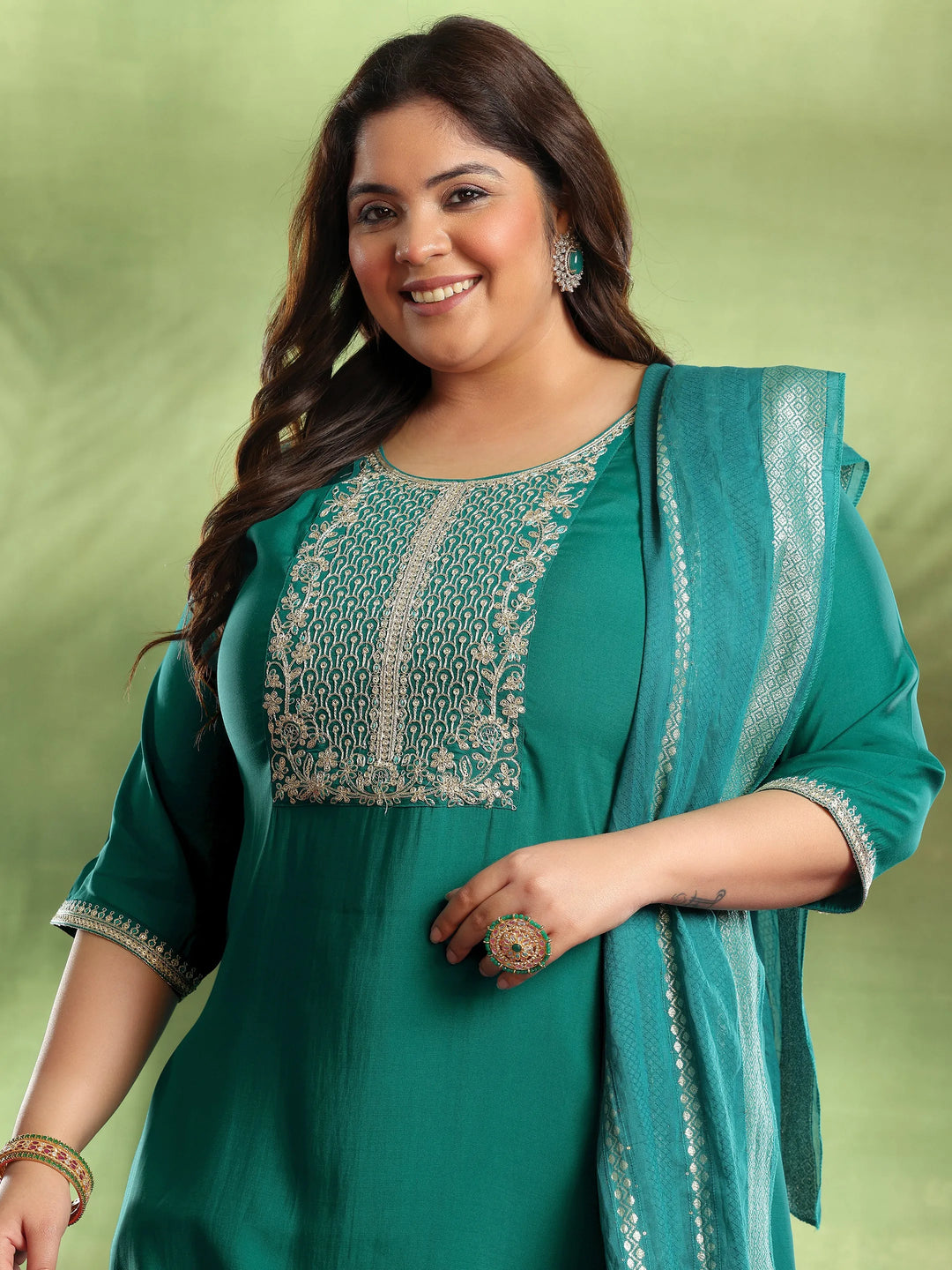  Plus Size Green Yoke Design Silk Blend Straight Suit With Dupatta 