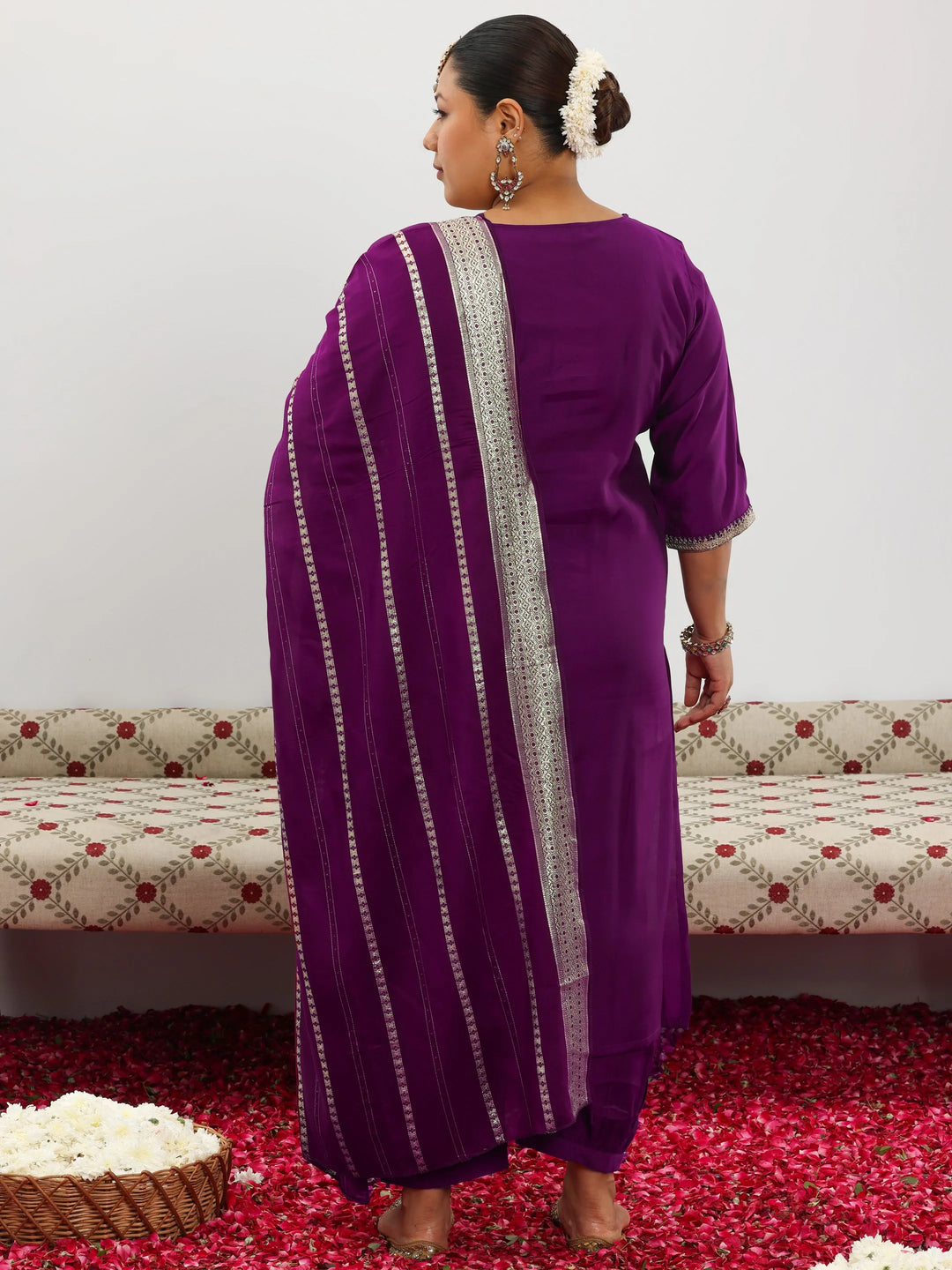  Plus Size Purple Yoke Design Silk Blend Straight Suit With Dupatta 
