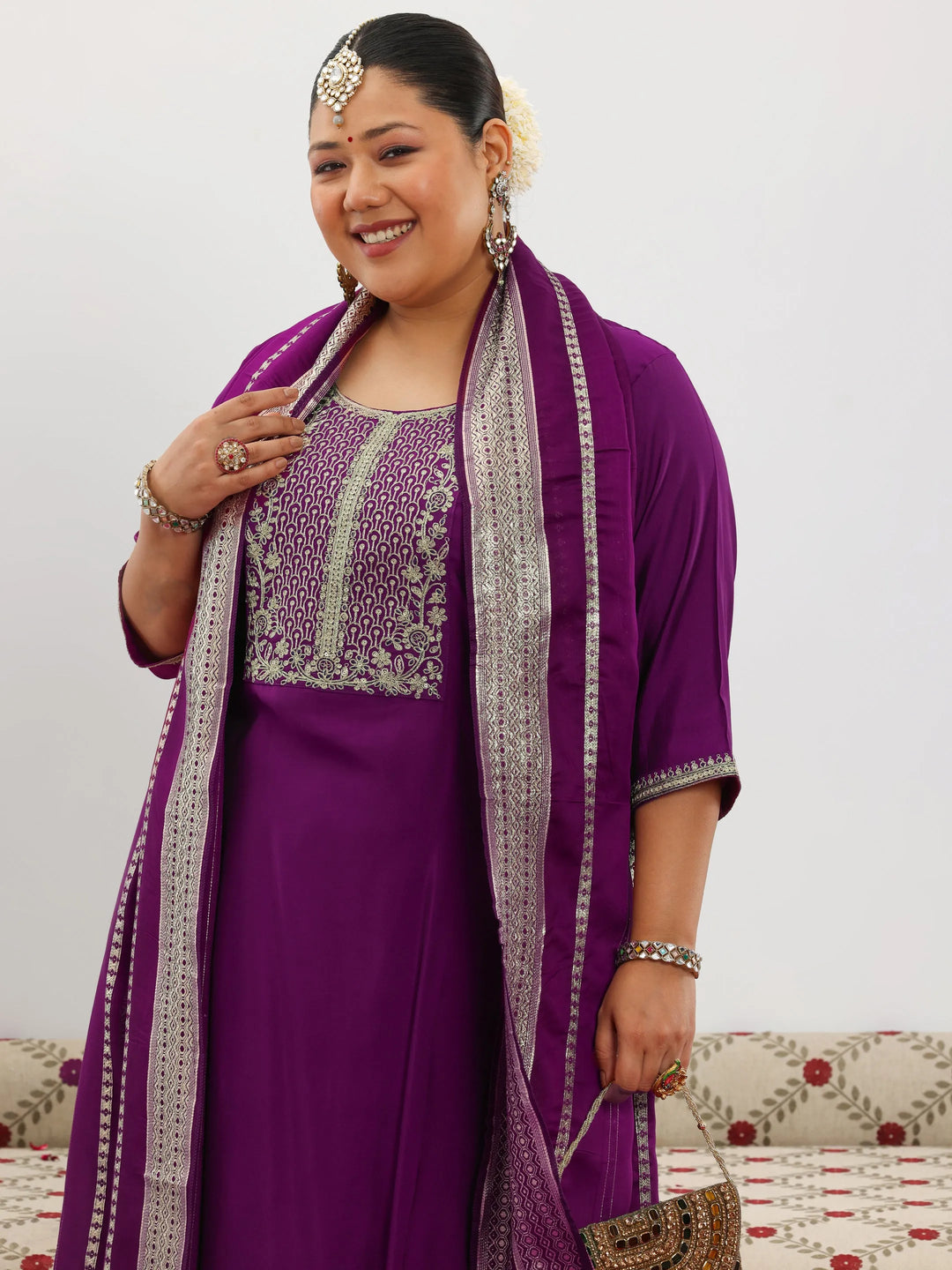  Plus Size Purple Yoke Design Silk Blend Straight Suit With Dupatta 