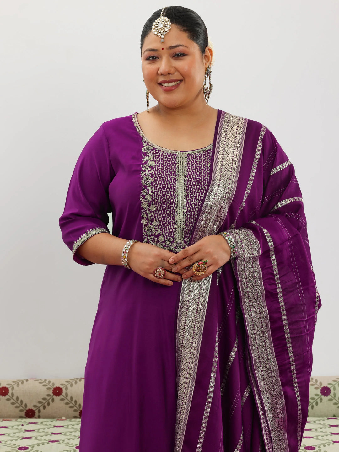  Plus Size Purple Yoke Design Silk Blend Straight Suit With Dupatta 