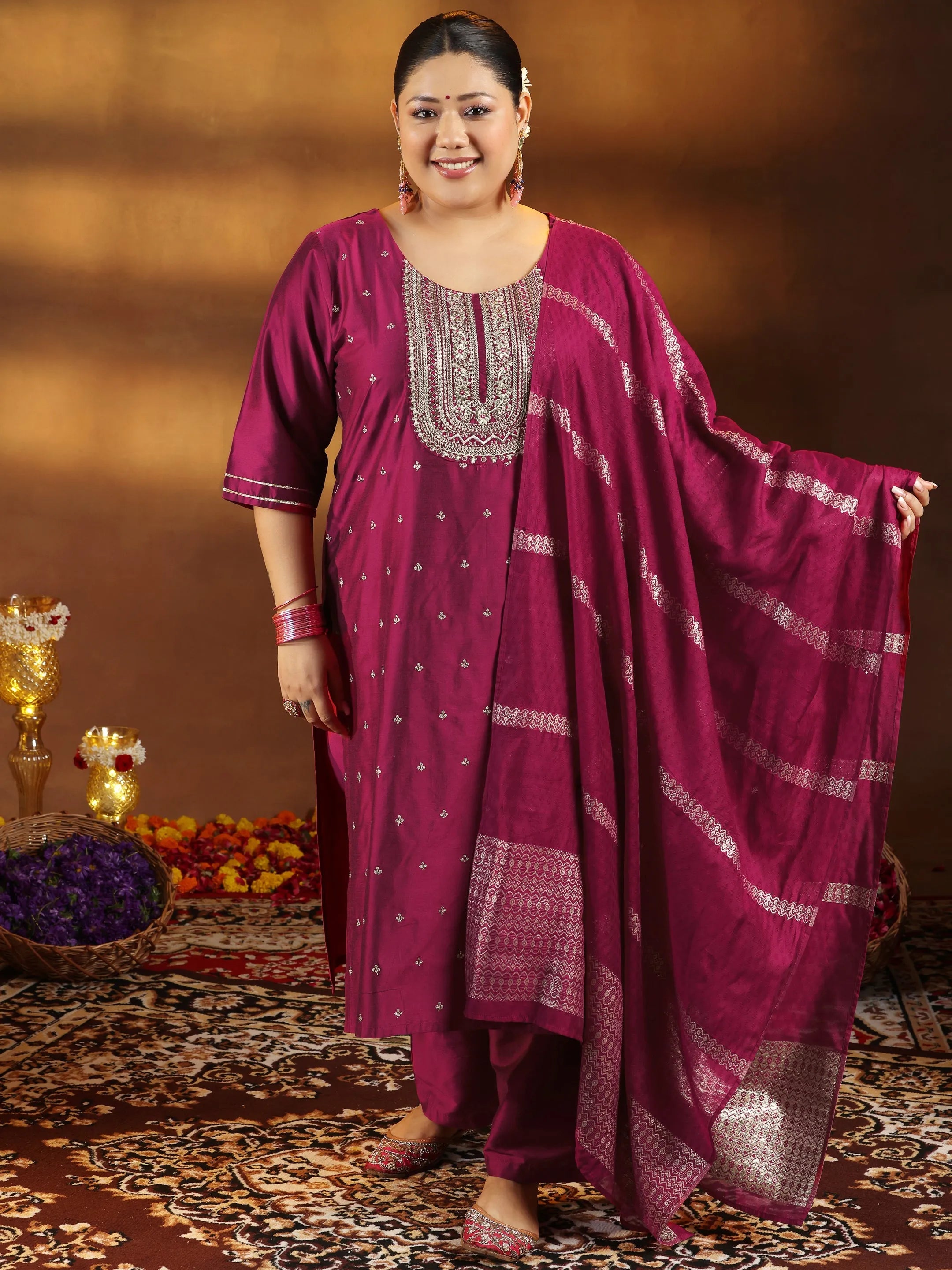 libas Plus Size Pink Embroidered Silk Blend Straight Suit With Dupatta-picture-34