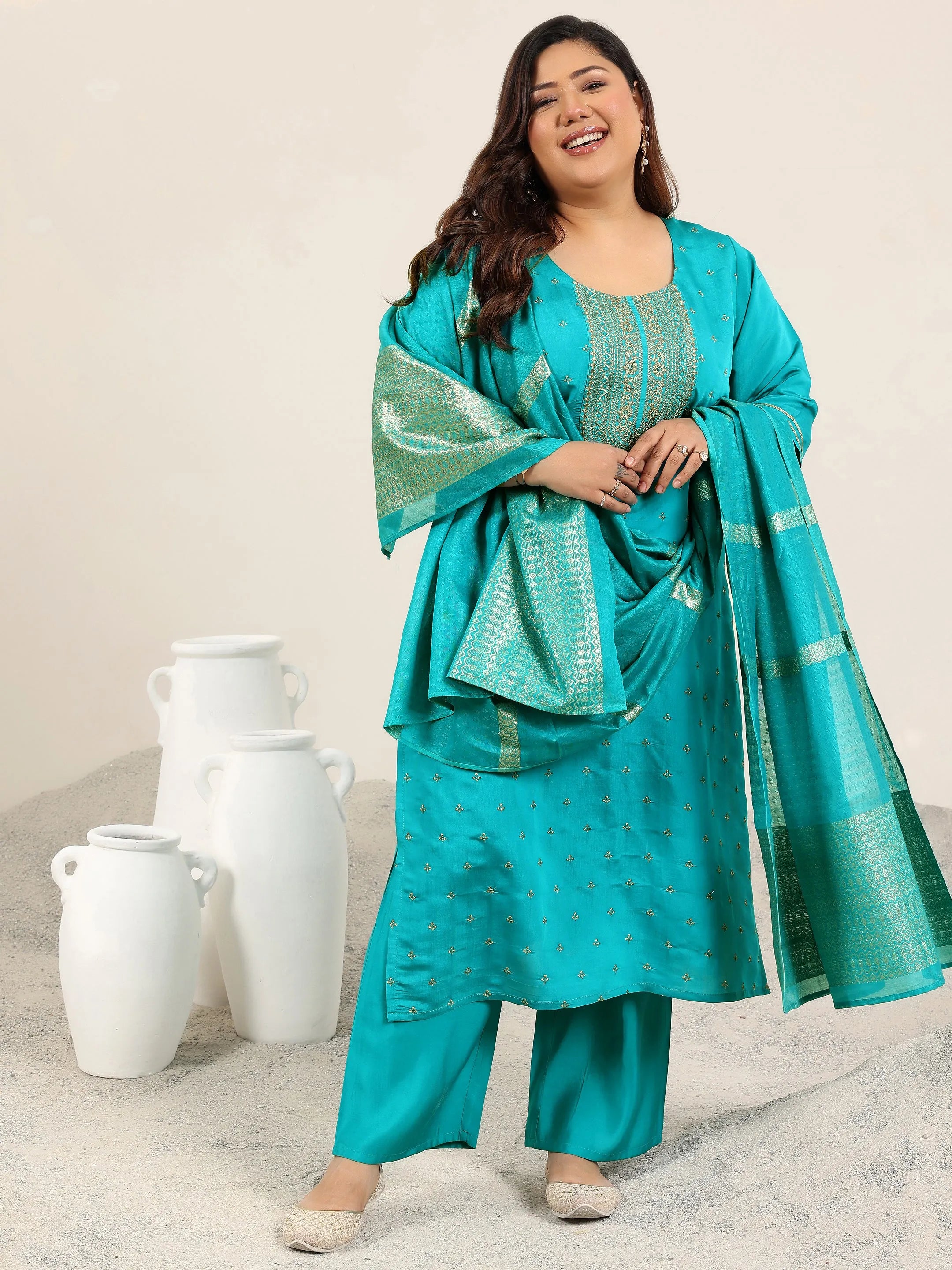 libas Plus Size Teal Yoke Design Silk Blend Straight Suit With Dupatta-picture-62