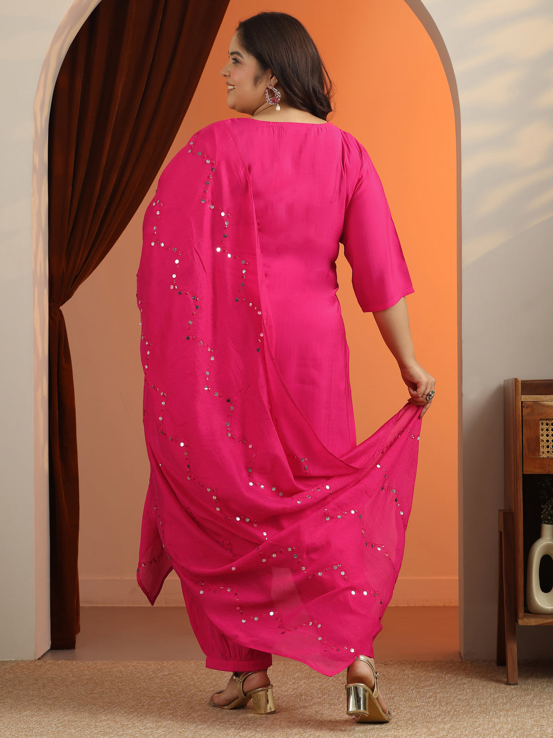  Plus Size Pink Embroidered Silk Blend Straight Suit Set With Dupatta 