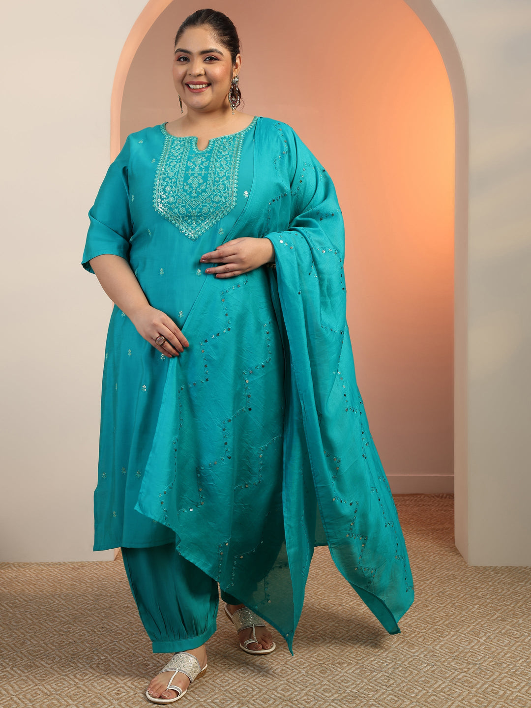  Plus Size Teal Embroidered Silk blend Straight Suit Set With Dupatta 