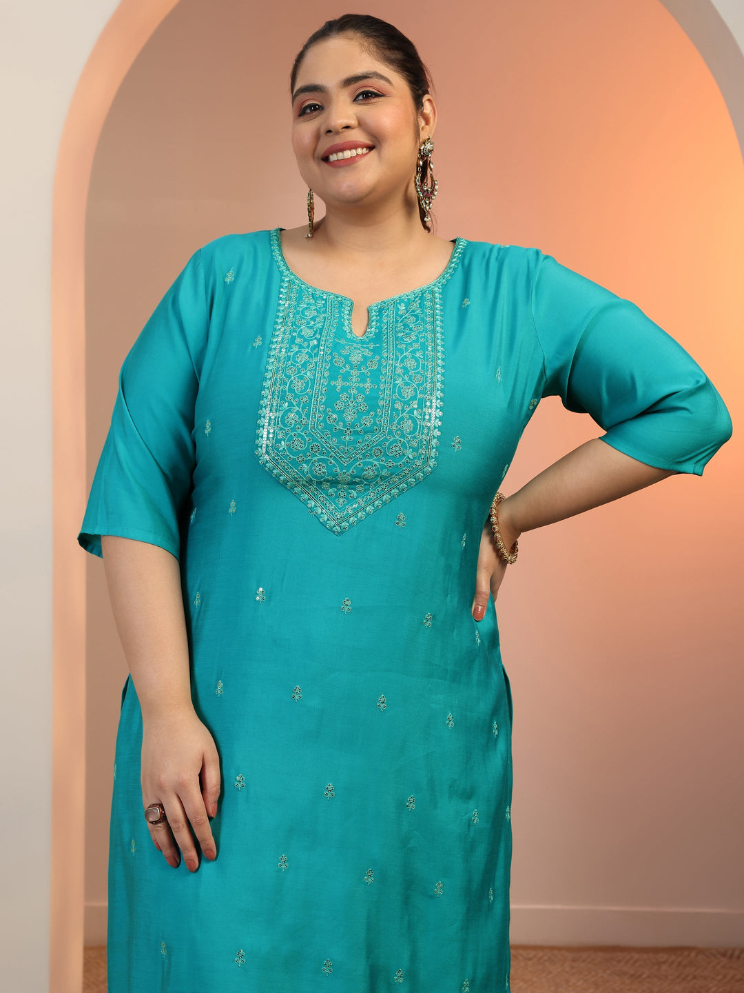  Plus Size Teal Embroidered Silk blend Straight Suit Set With Dupatta 