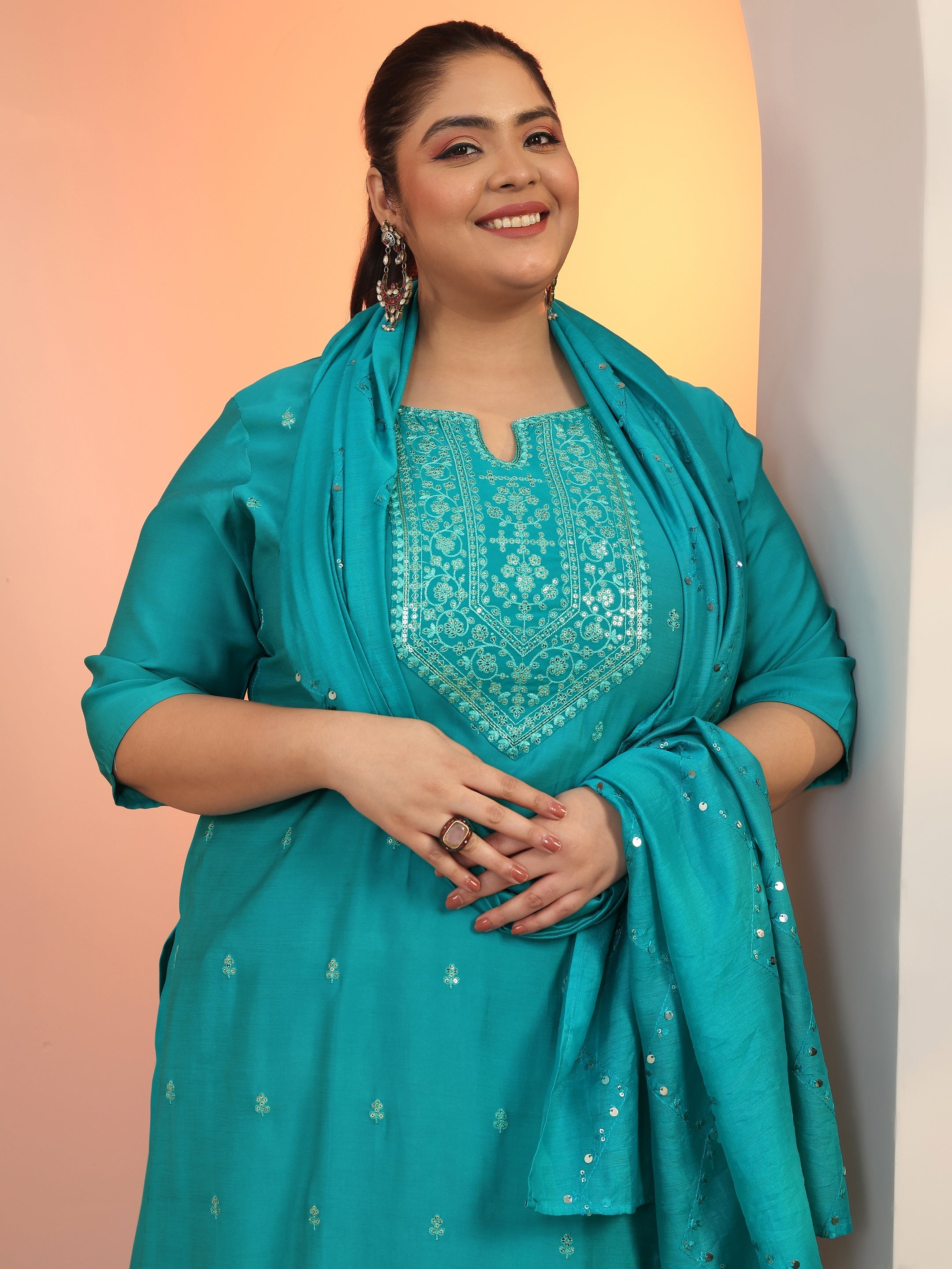 libas Plus Size Teal Embroidered Silk blend Straight Suit Set With Dupatta-picture-38