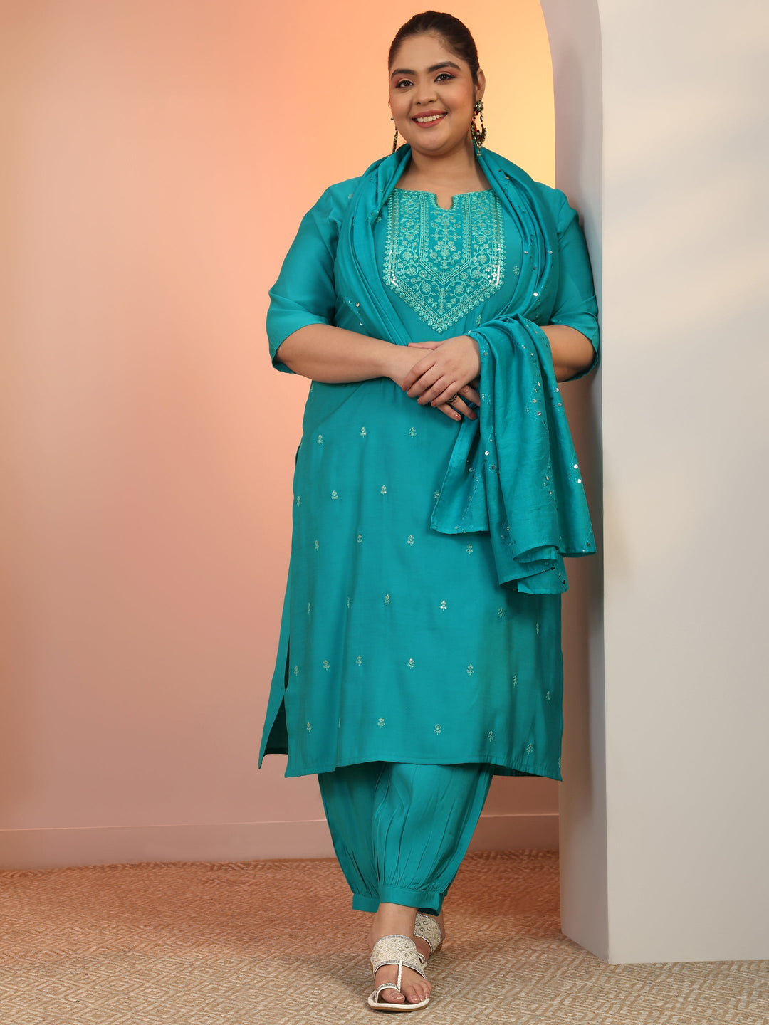  Plus Size Teal Embroidered Silk blend Straight Suit Set With Dupatta 