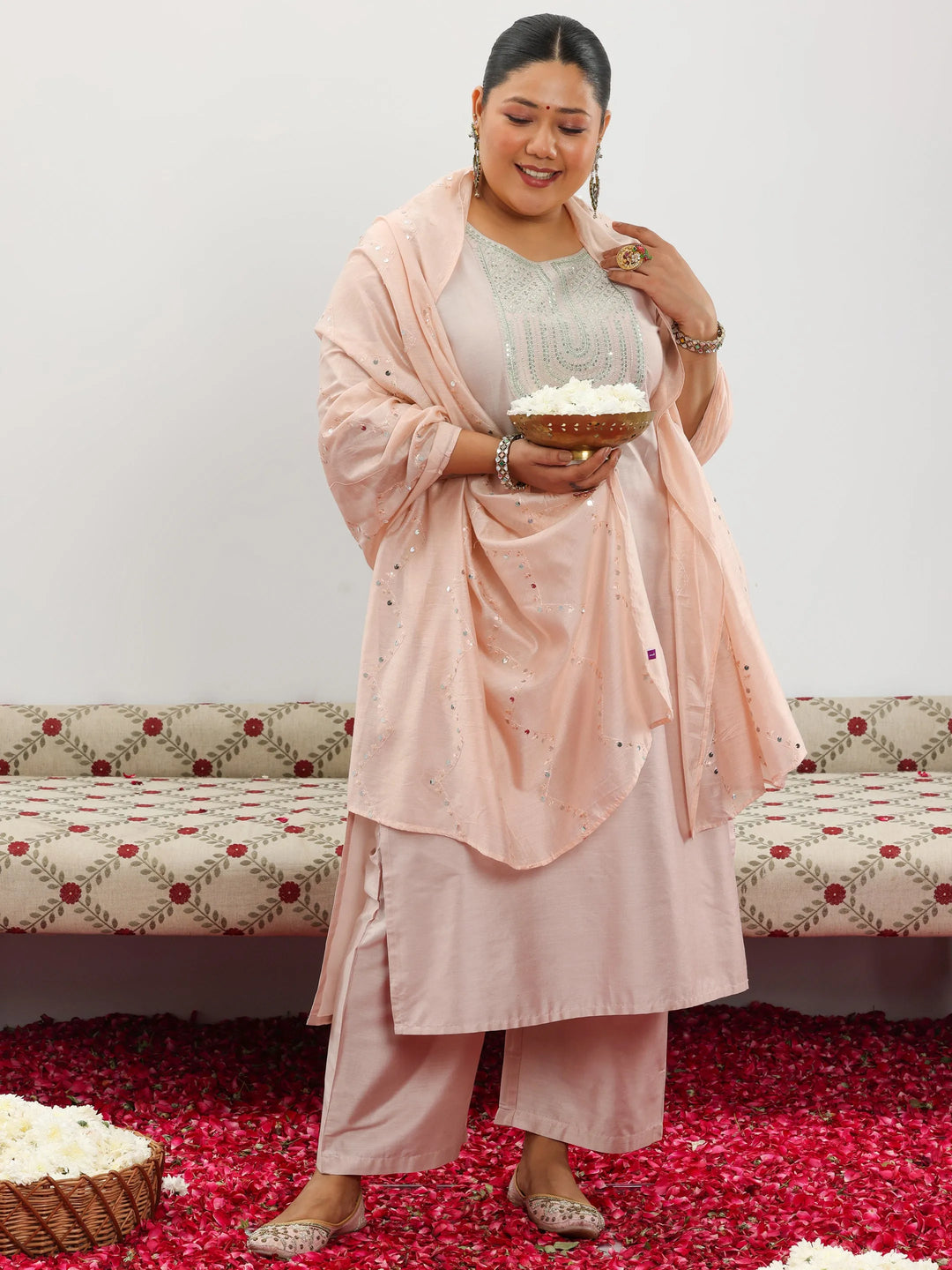  Plus Size Pink Yoke Design Silk Blend Straight Suit With Dupatta 