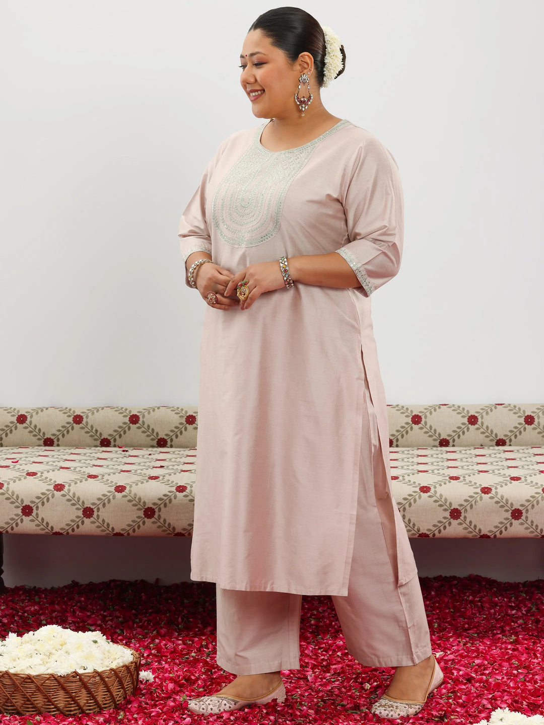  Plus Size Pink Yoke Design Silk Blend Straight Suit With Dupatta 