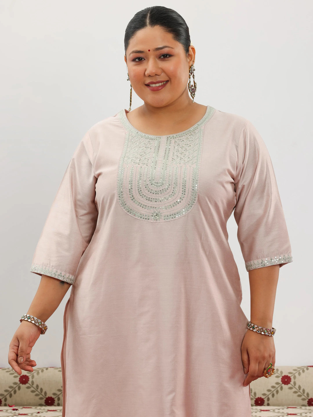 Plus Size Pink Yoke Design Silk Blend Straight Suit With Dupatta 